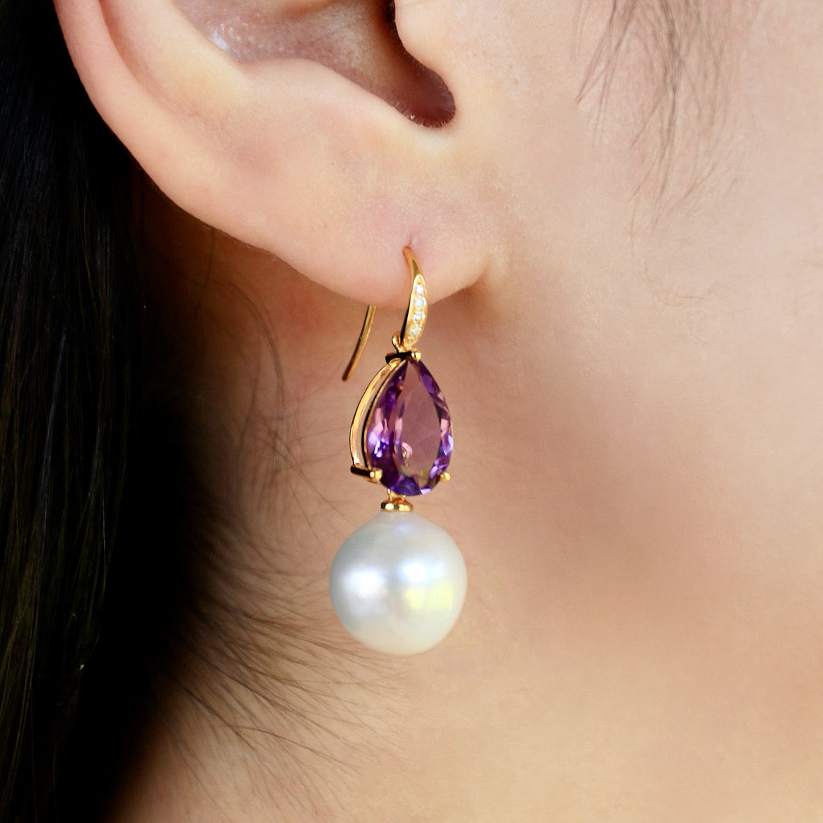14k gold Radiant Natural Pear Amethyst Diamond & Cultured Pearl Convertible Drop Earrings