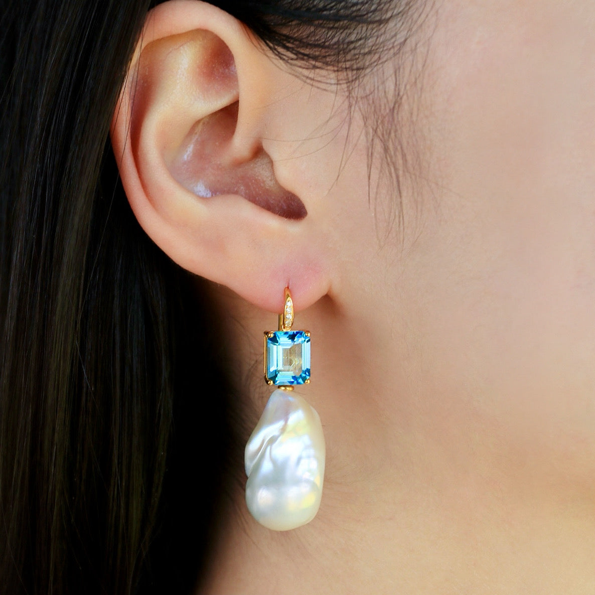 Radiant Emerald-Cut Topaz Diamond Baroque Pearl Convertible Drop Earrings