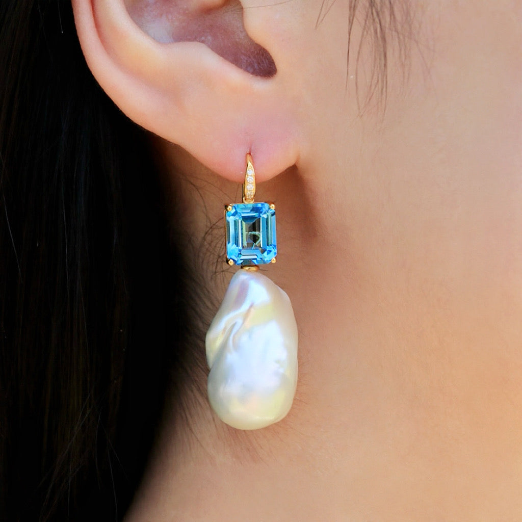 14k gold Radiant Natural Emerald-Cut Topaz Diamond Baroque Pearl Convertible Drop Earrings