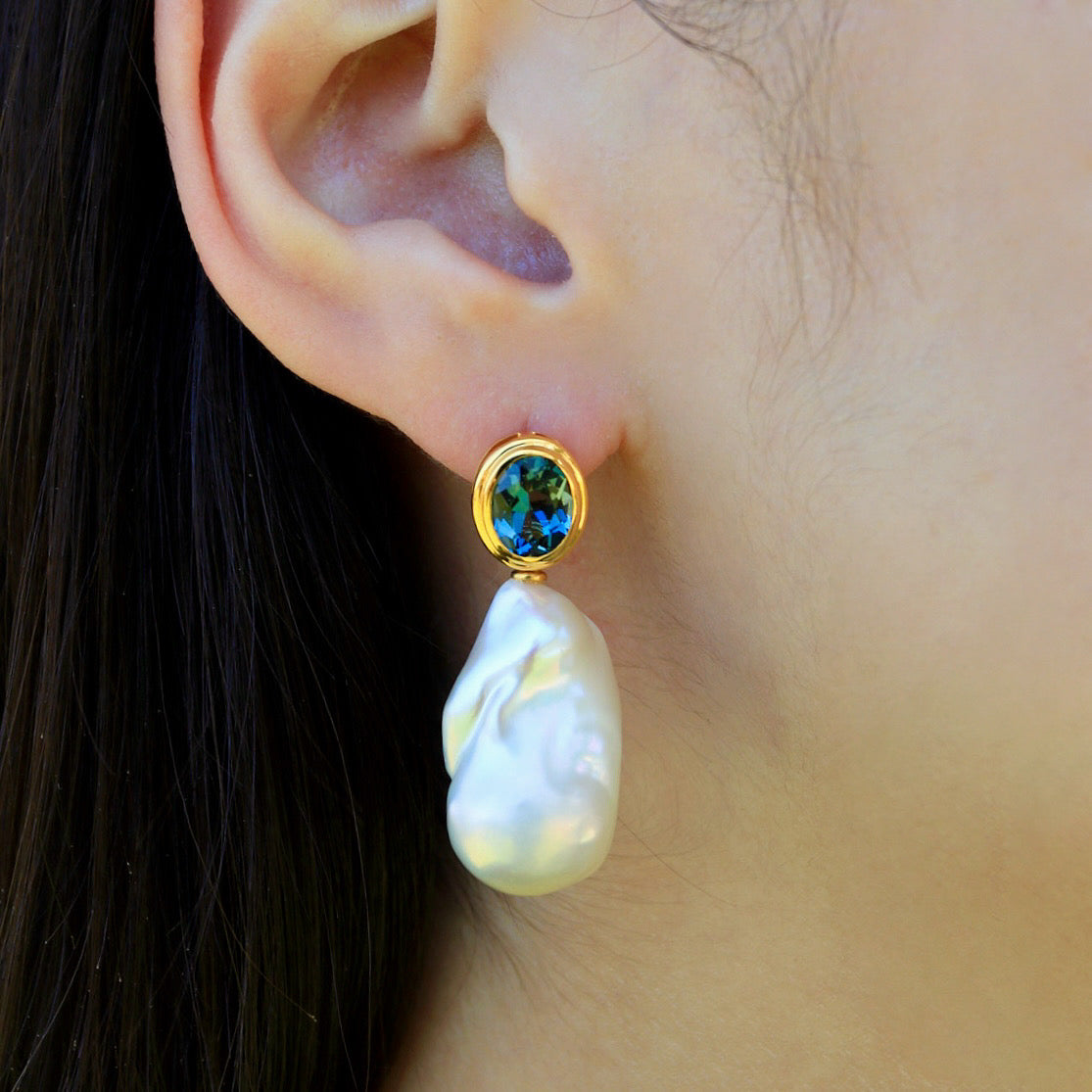 Bella Oval Topaz Baroque Pearl Convertible Drop Earrings
