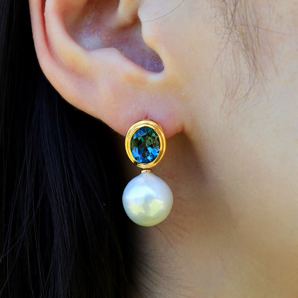 Bella Oval Topaz Pearl Convertible Drop Earrings