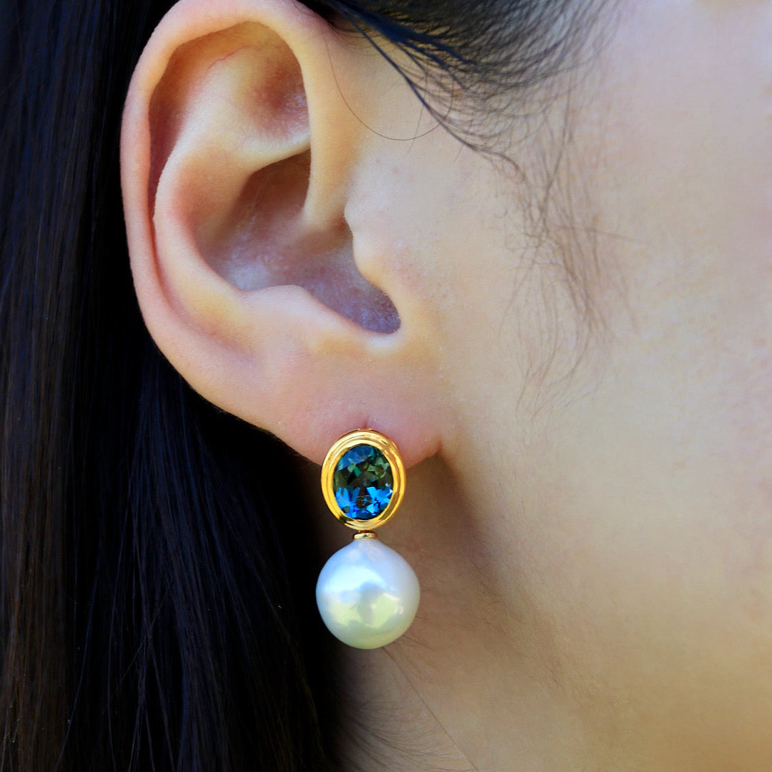 Bella Oval Topaz Pearl Convertible Drop Earrings