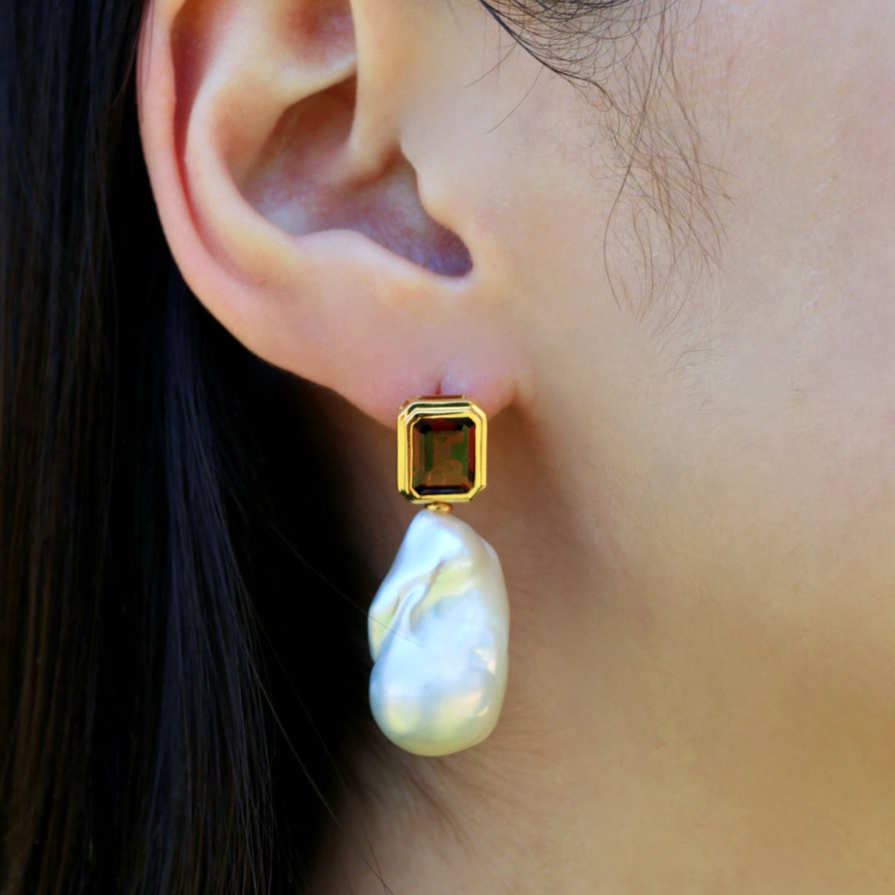 Bella Emerald-Cut Garnet Baroque Pearl Convertible Drop Earrings