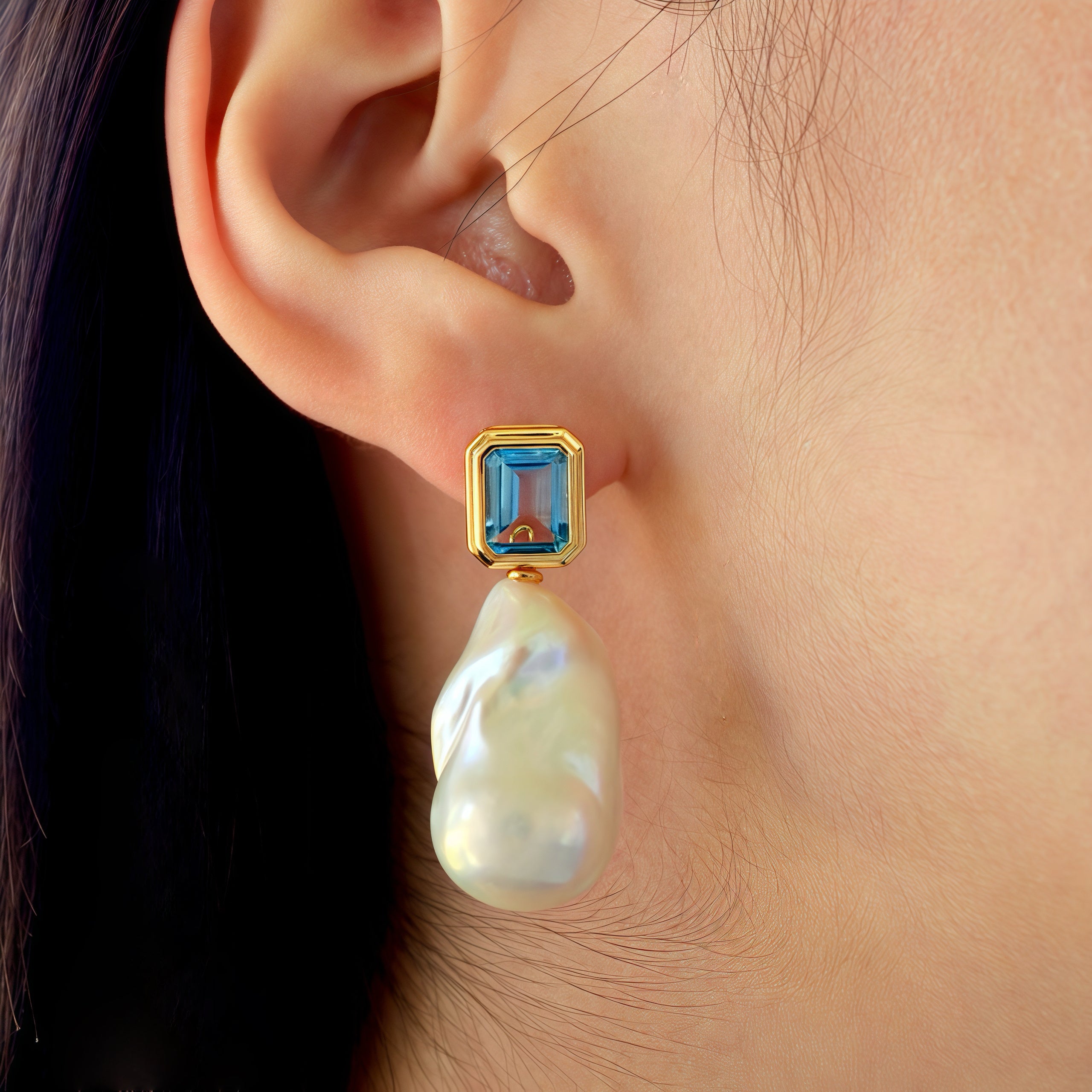 Bella Emerald-Cut Topaz Baroque Pearl Convertible Drop Earrings