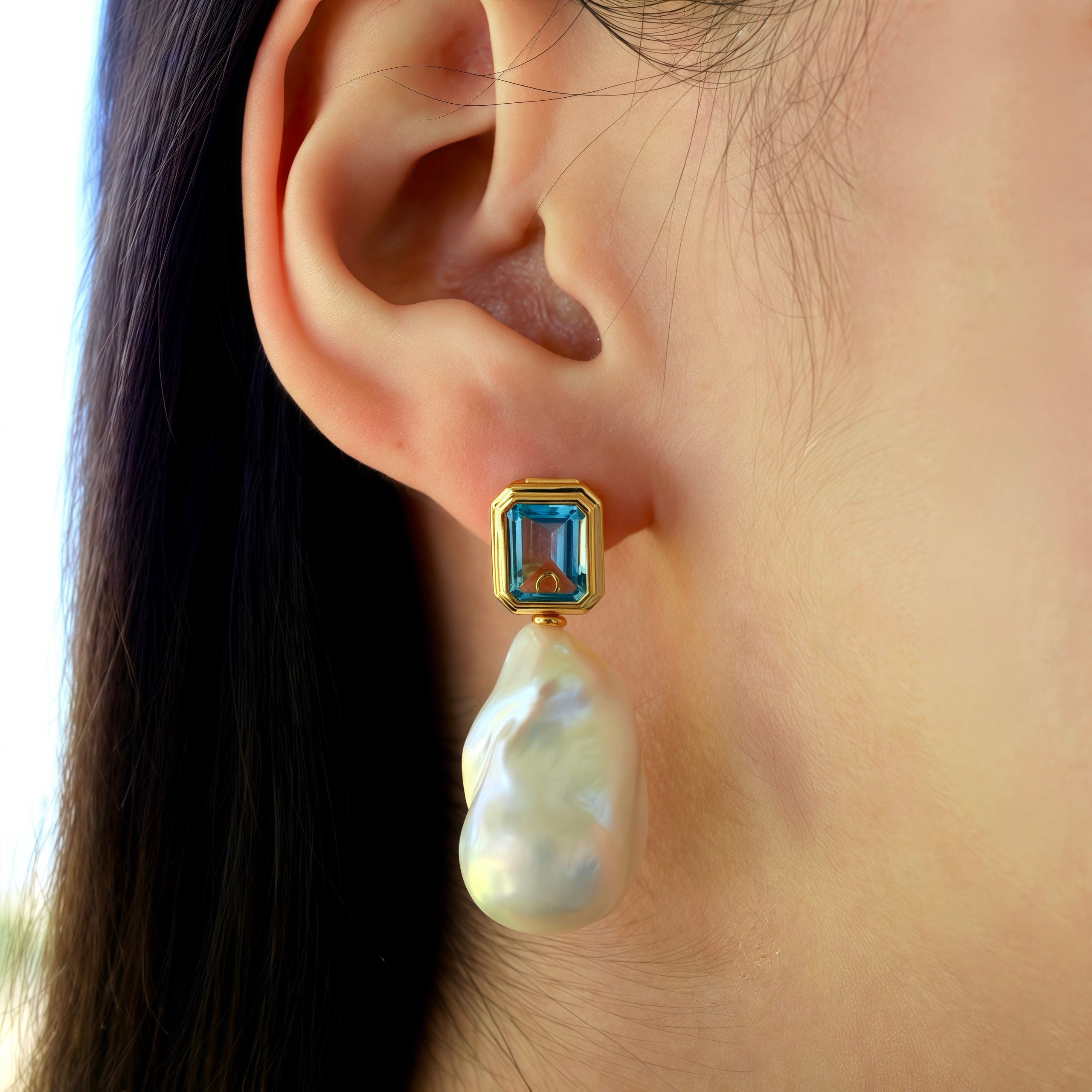 Bella Emerald-Cut Topaz Baroque Pearl Convertible Drop Earrings