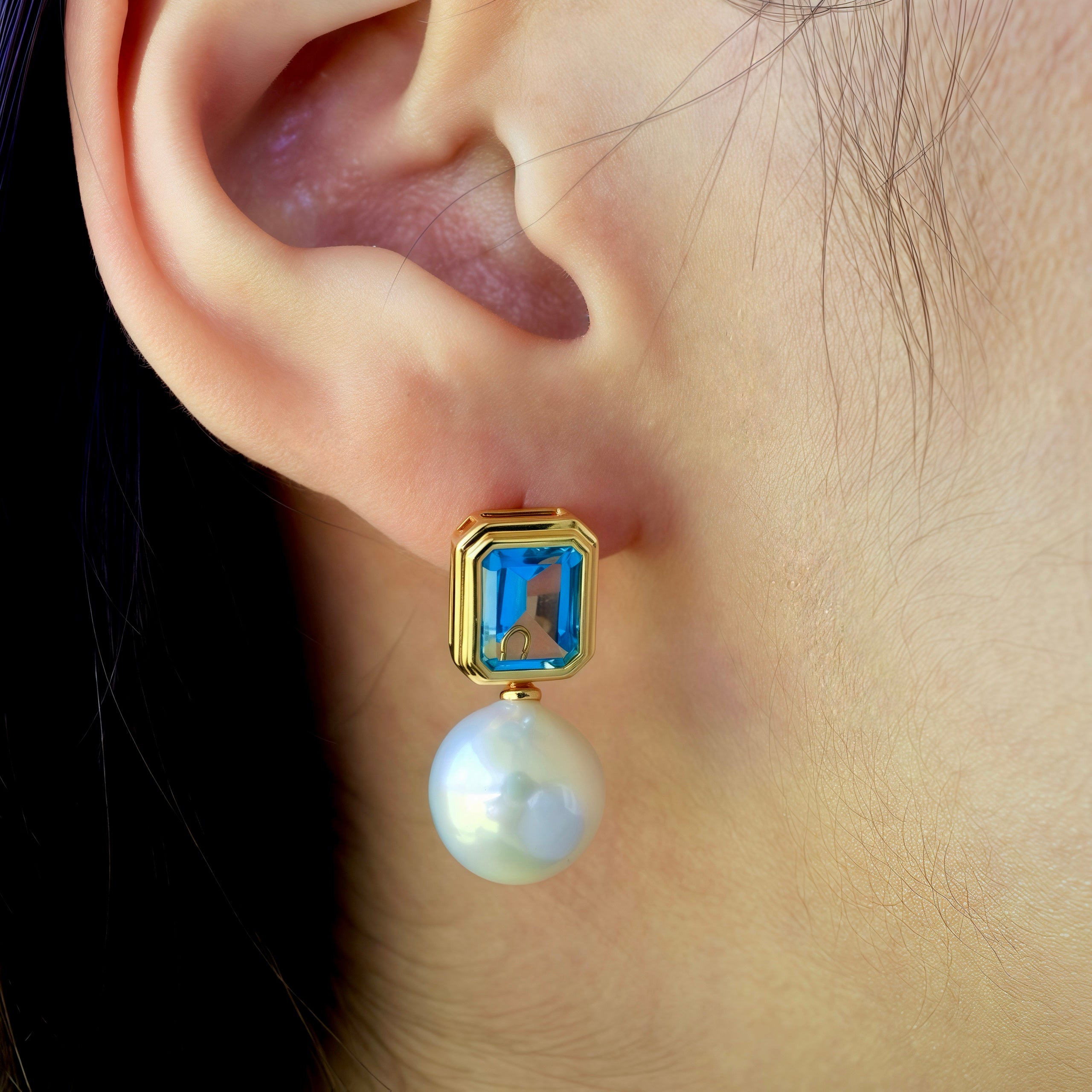 Bella Emerald-Cut Topaz Pearl Convertible Drop Earrings