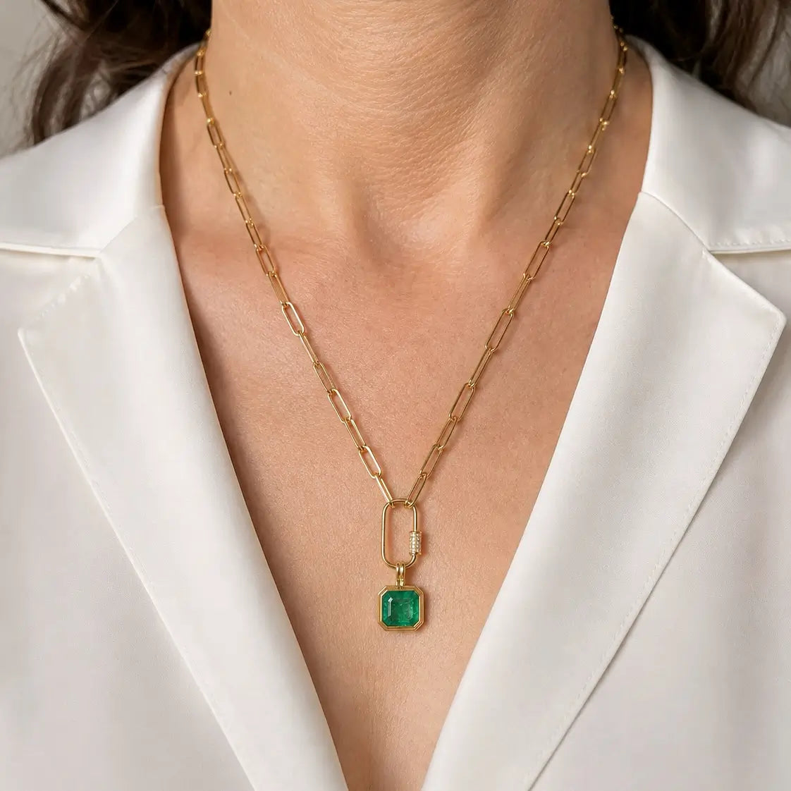Bella 1.93ct Natural Emerald Diamond Lock Paperclip Chain Necklace (One-of-a-Kind)