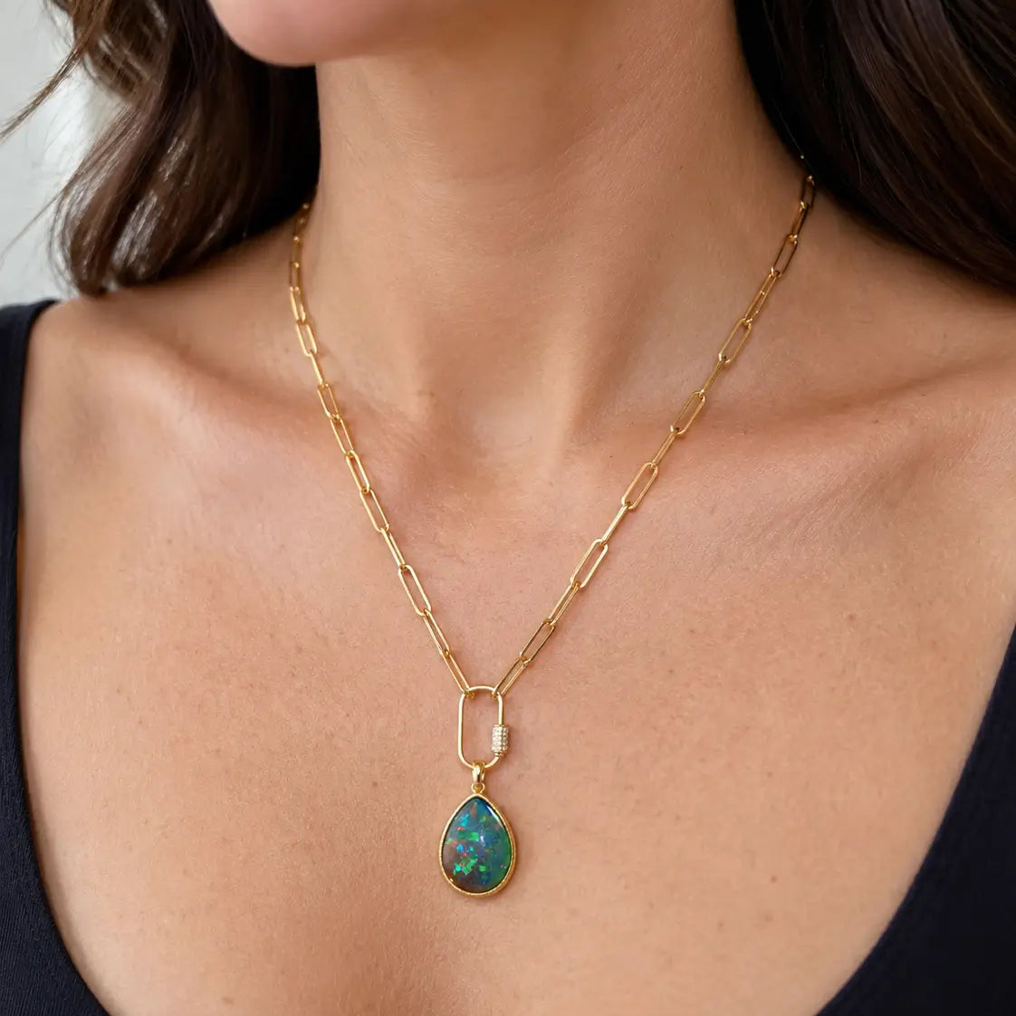 Vivid Glance 4.58ct Natural Black Opal Diamond Lock Paperclip Chain Necklace (One-of-a-Kind)