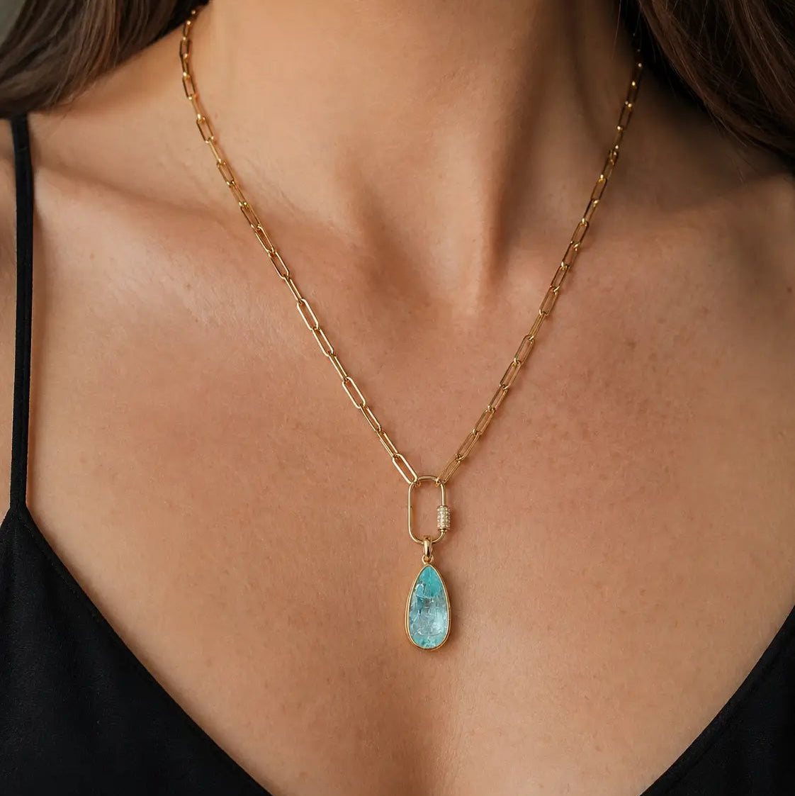 Vivid Glance 4.77ct Natural Vanadium Beryl Diamond Lock Paperclip Chain Necklace (One-of-a-Kind)