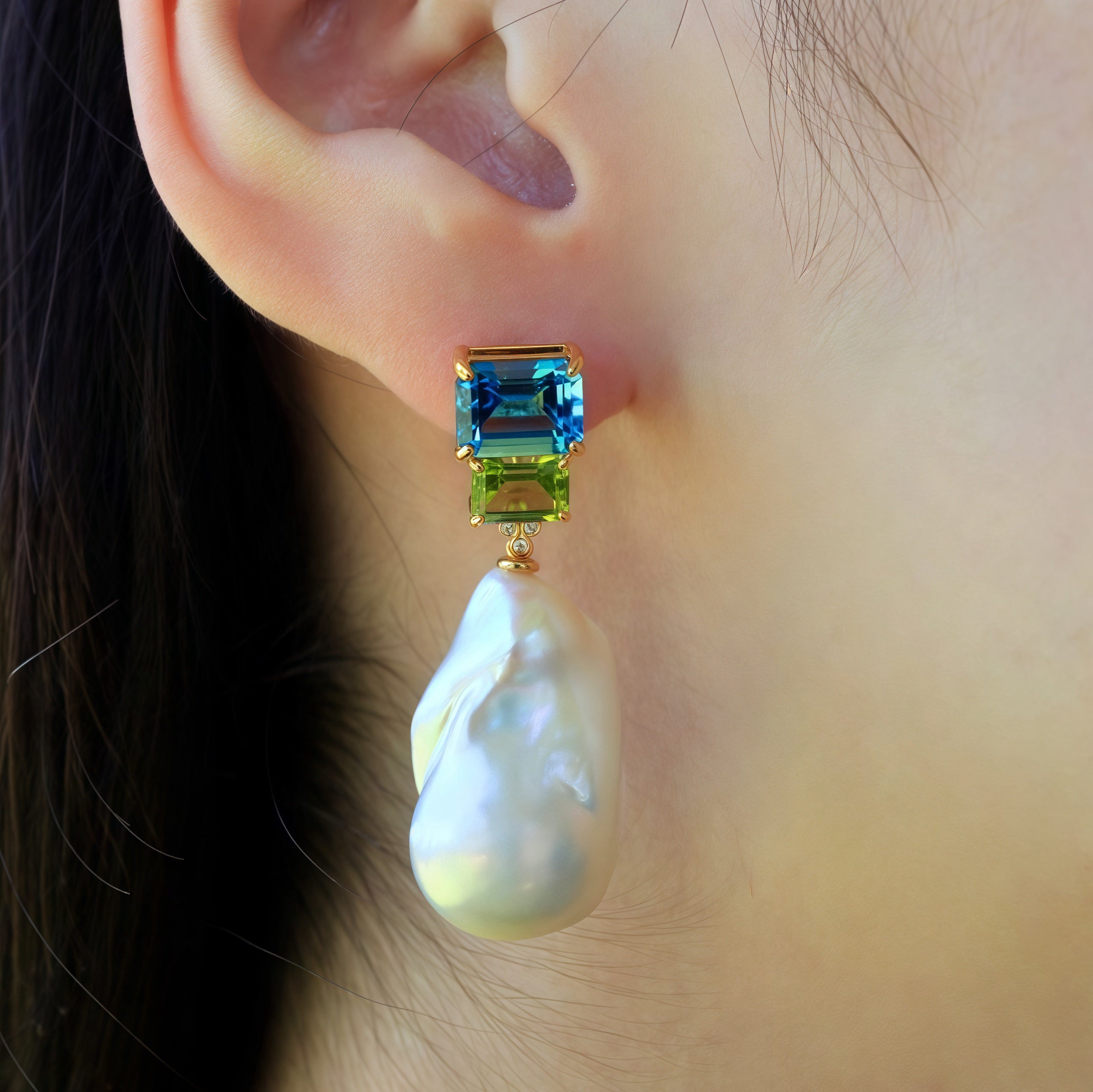 Fortune Topaz Peridot Diamond Pearl Convertible Drop Earrings