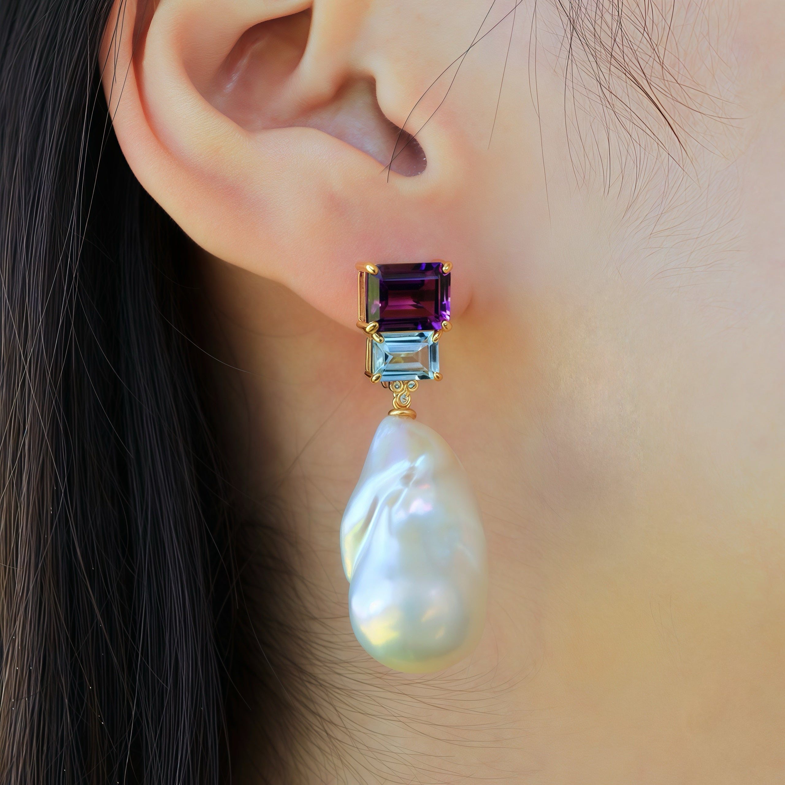 Fortune Amethyst Topaz Diamond Baroque Pearl Convertible Drop Earrings