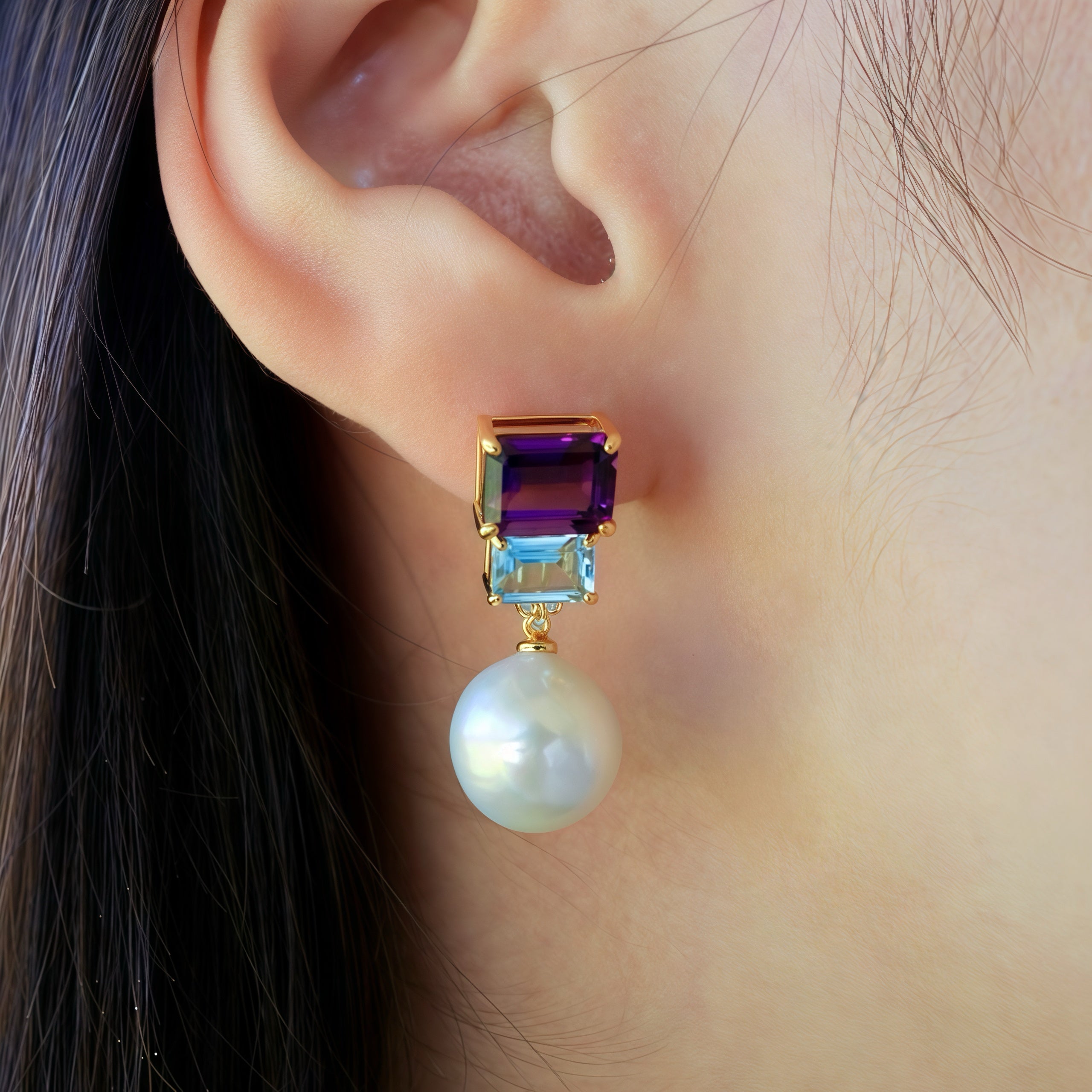 Fortune Amethyst Topaz Diamond Pearl Convertible Drop Earrings