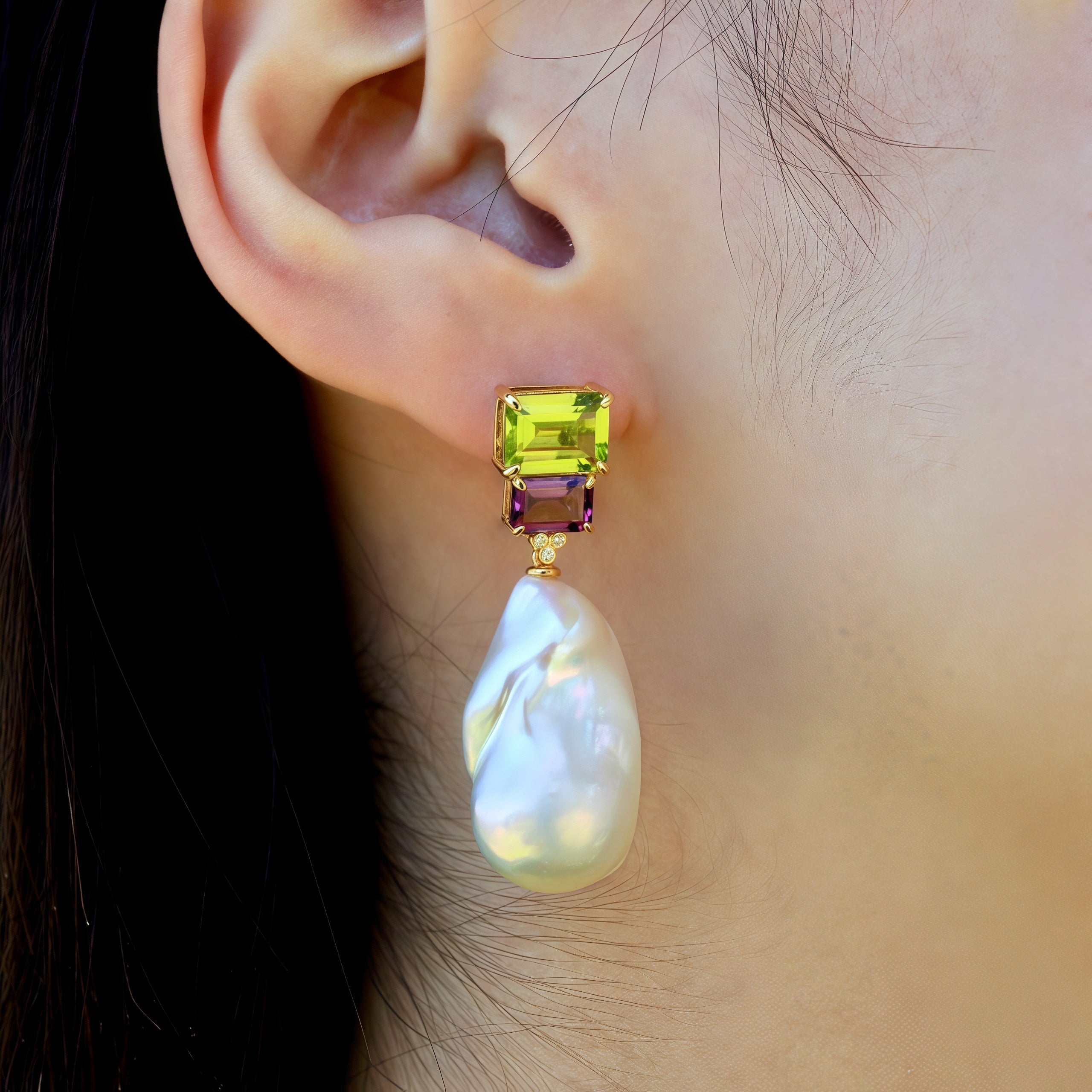 Fortune Peridot Amethyst Diamond Baroque Pearl Convertible Drop Earrings