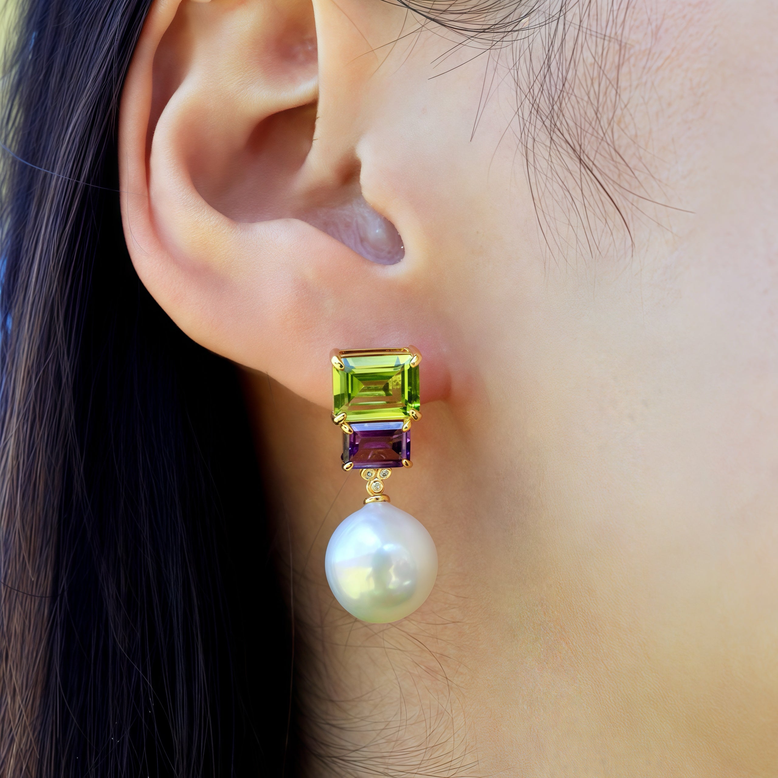 Fortune Peridot Amethyst Diamond Pearl Convertible Drop Earrings