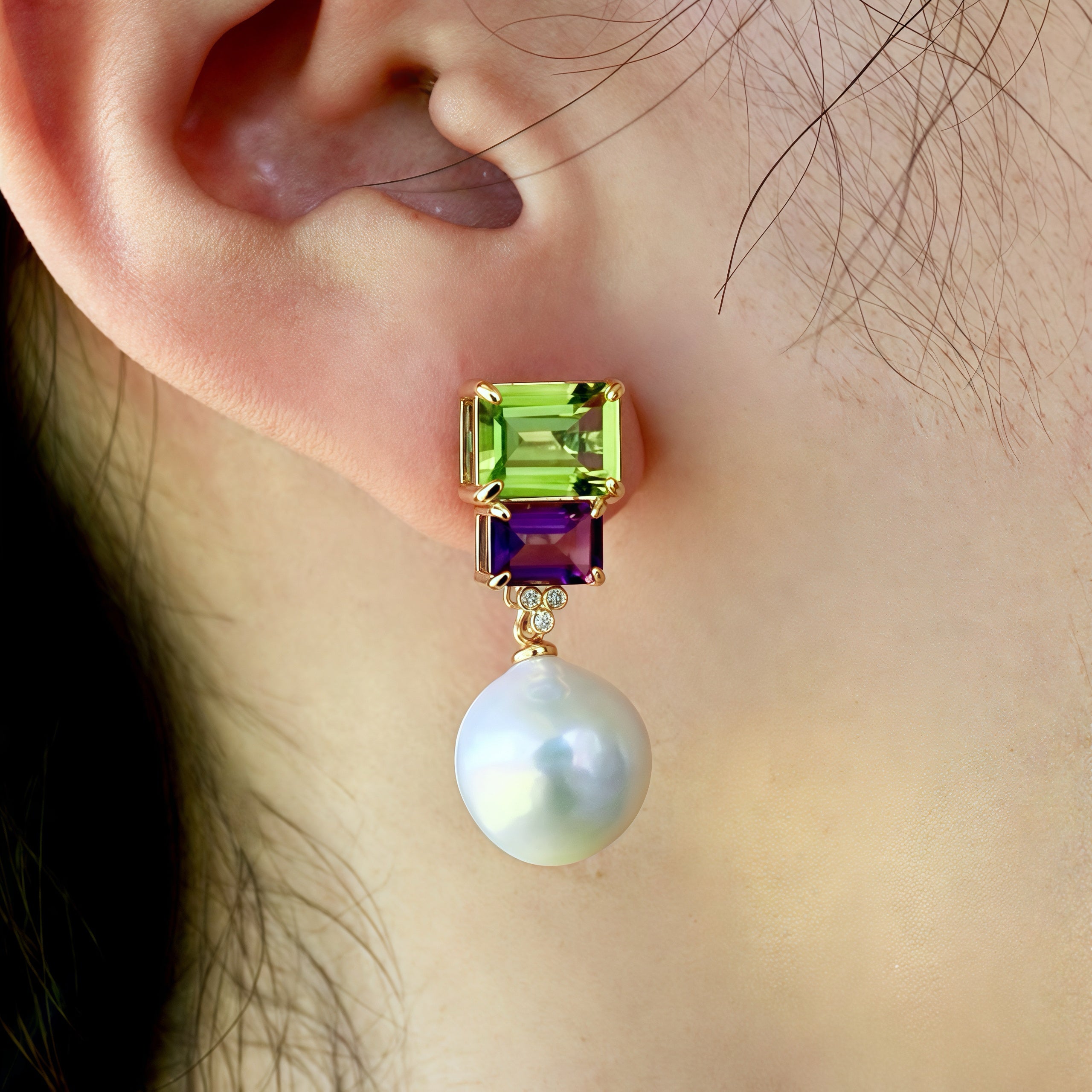 Fortune Peridot Amethyst Diamond Pearl Convertible Drop Earrings