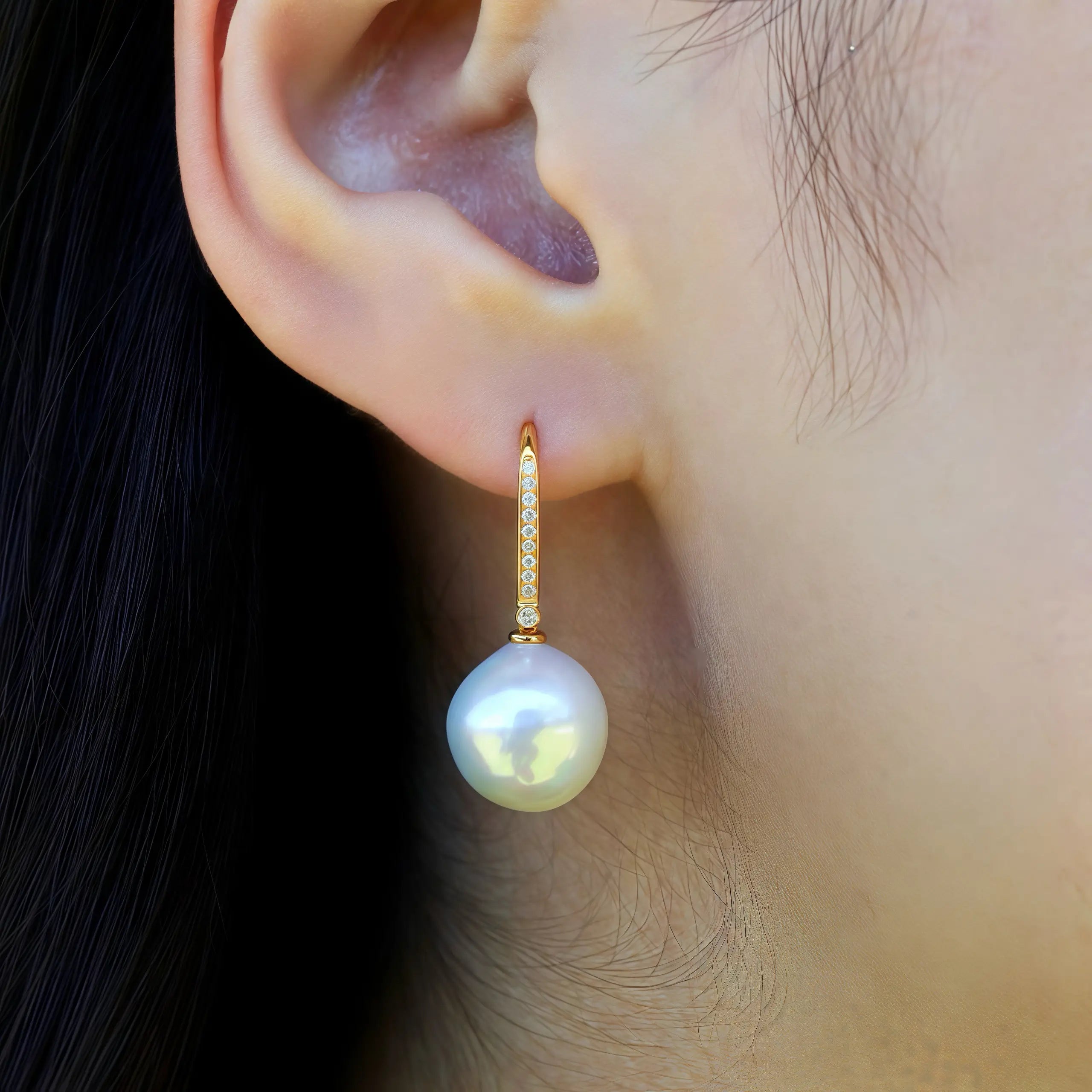 14k solid gold natural diamond Convertible cultured Round Pearl Drop Earrings