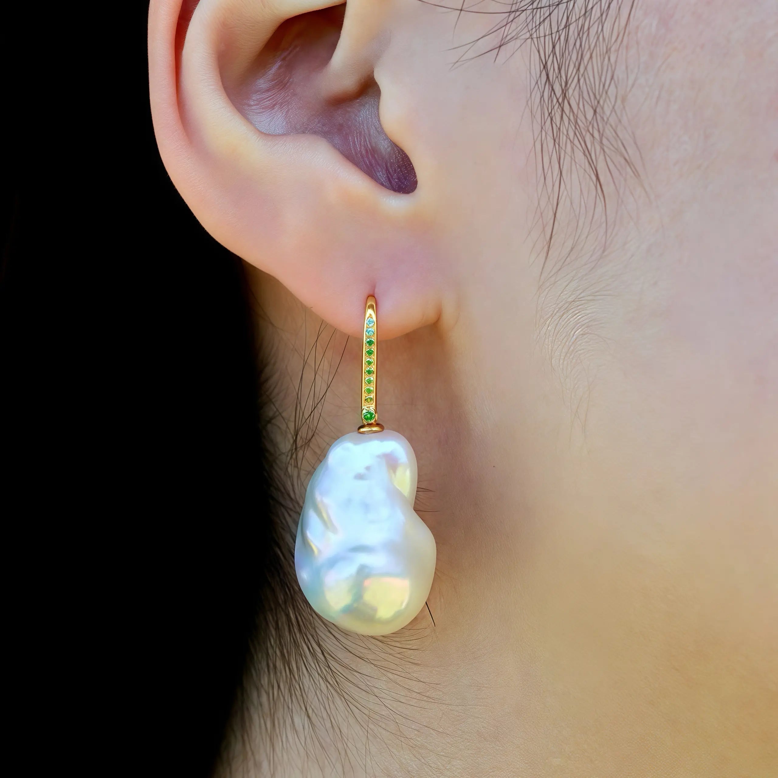 14k yellow gold Tsavorite Baroque Pearl convertible Drop Earrings