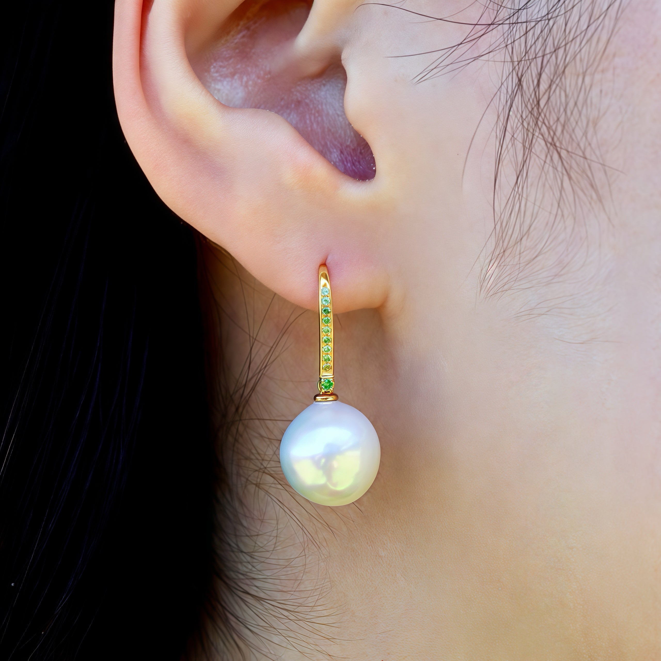 14k yellow gold natural tsavorite cultured Round Baroque Pearl Convertible Drop Earrings