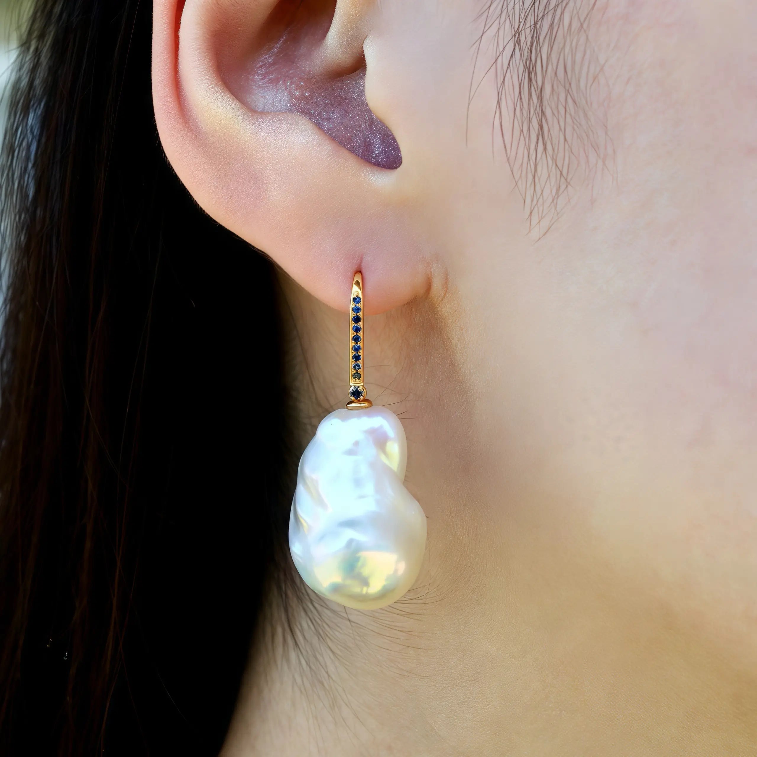 14k yellow gold blue sapphire cultured baroque pearl convertible drop Earrings