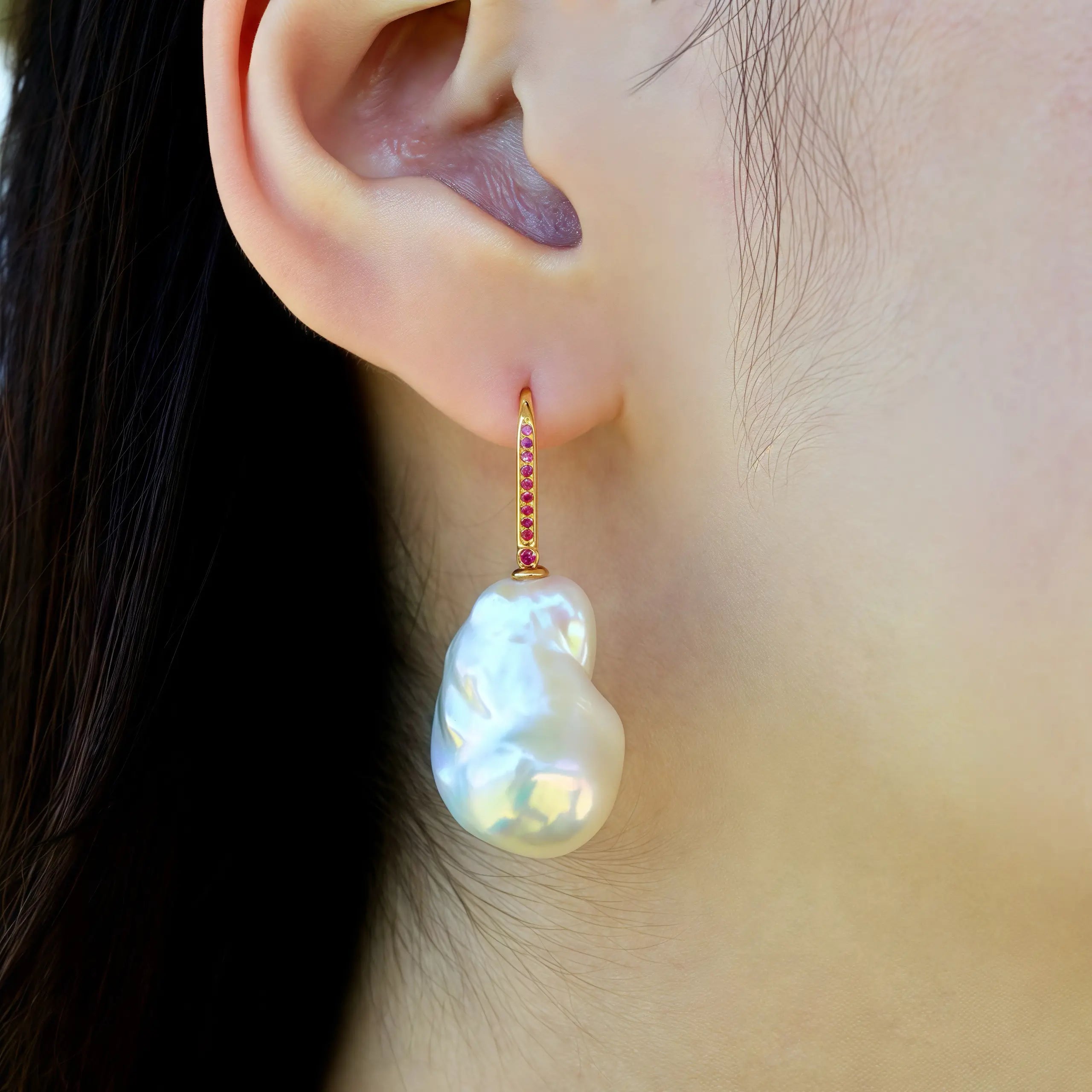 14k solid gold Pink Sapphire Convertible Baroque Pearl Drop Earrings