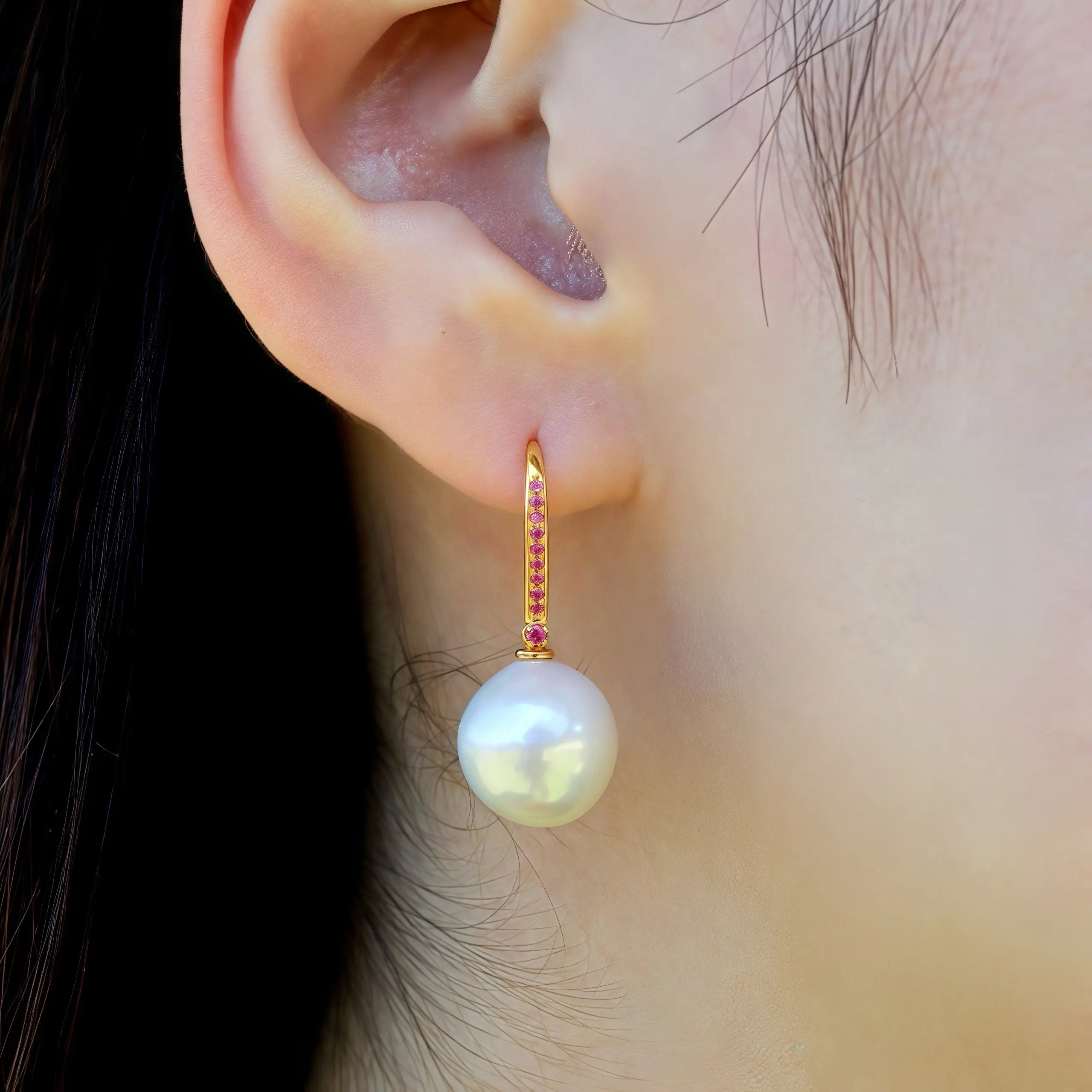 14k solid gold Pink Sapphire Round Baroque Pearl Convertible Drop Earrings