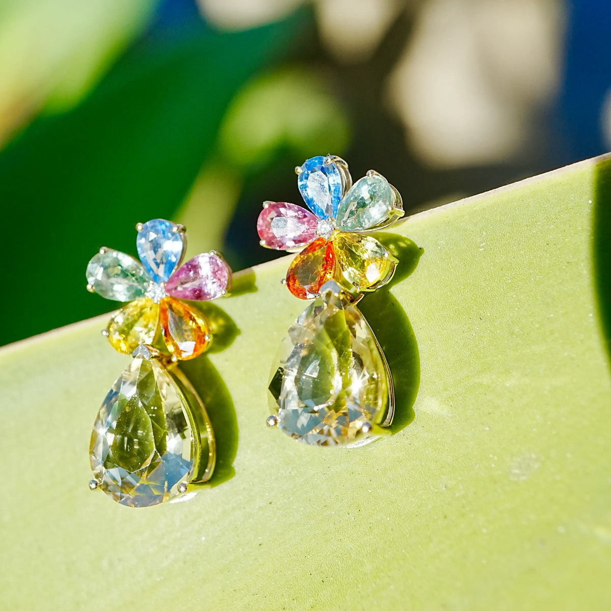 Garden Melody 13.43 ctw Natural Rainbow Sapphire, Champagne Scapolite & Diamond Drop Earrings (One-of-a-Kind)