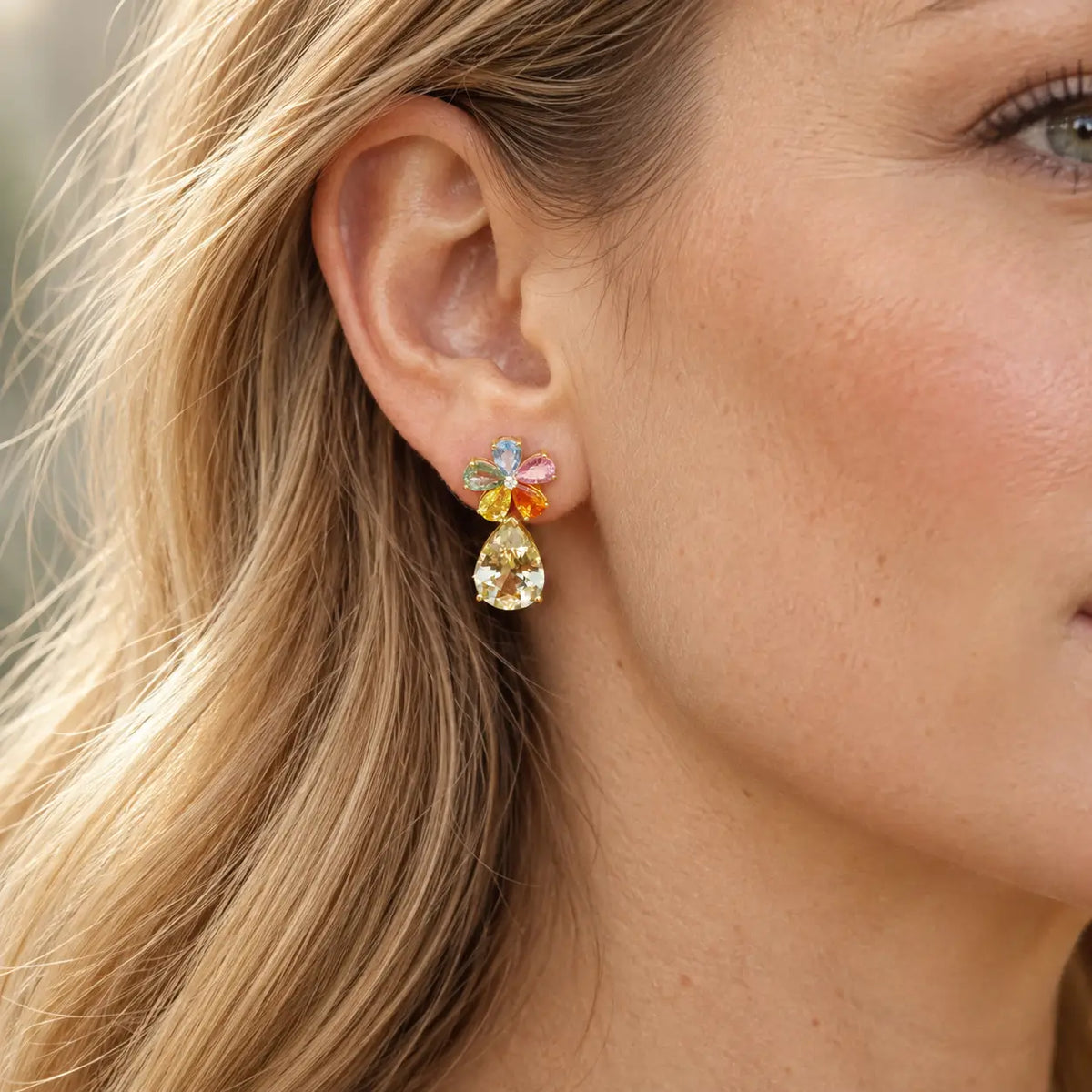 Garden Melody 13.43 ctw Natural Rainbow Sapphire, Champagne Scapolite & Diamond Drop Earrings (One-of-a-Kind)