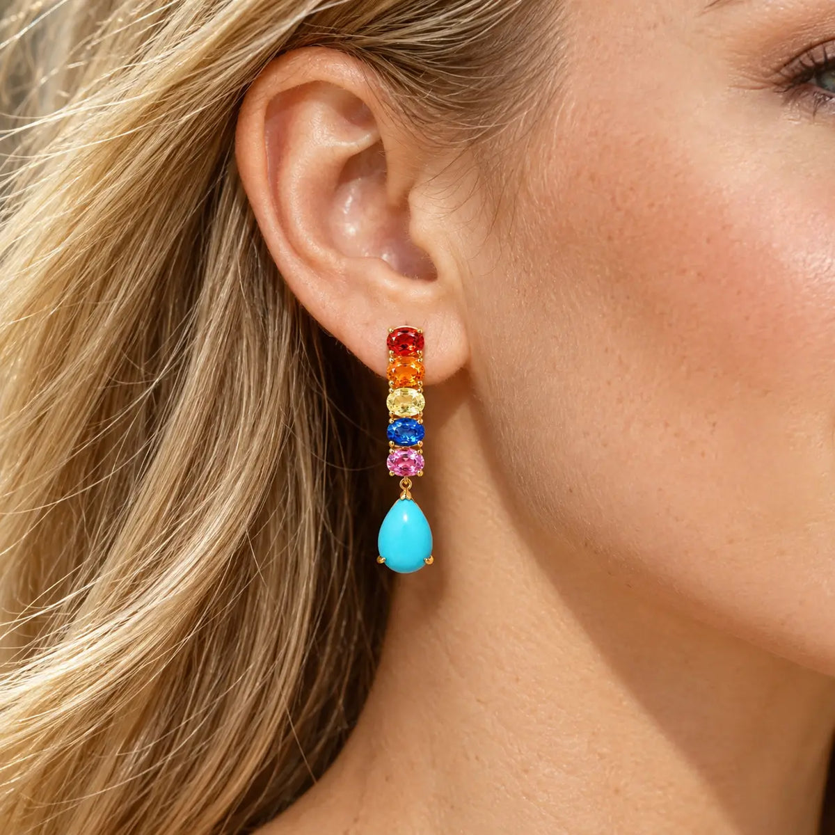 Garden Melody 7.10 ctw Natural Turquoise & Rainbow Sapphire Drop Earrings (One-of-a-Kind)