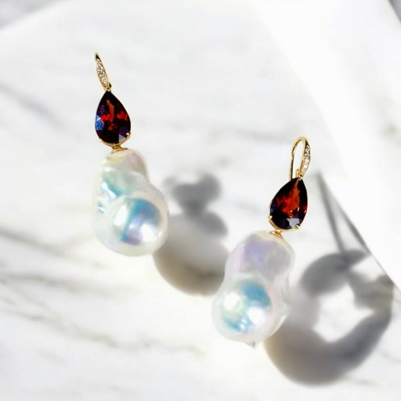 Radiant Pear Garnet Diamond Baroque Pearl Convertible Drop Earrings