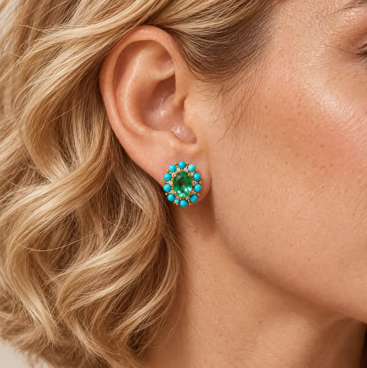(SOLD) Belle Halo 3.41 ctw AIGS Certified Natural Emerald, Turquoise & Diamond Earrings (One-of-a-Kind)