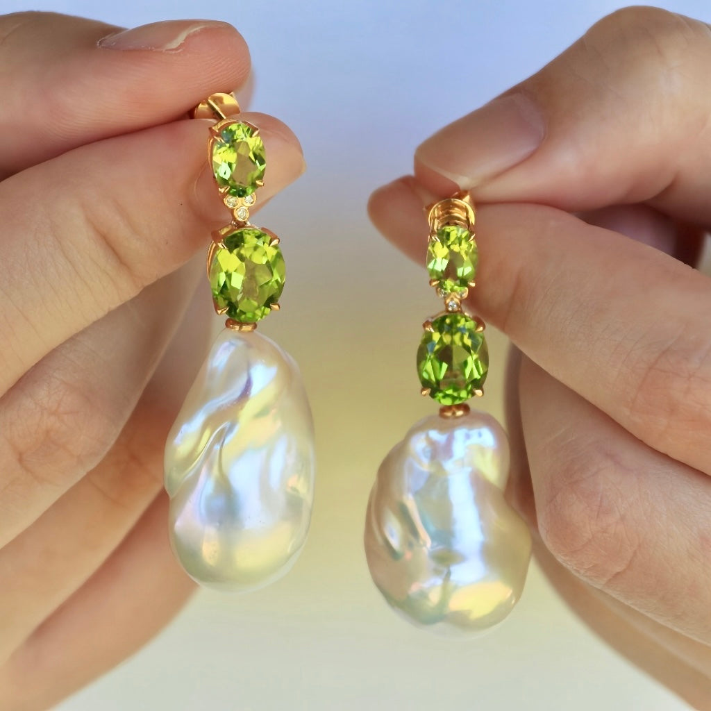 Divina Oval Peridot Diamond Baroque Pearl Convertible Drop Earrings