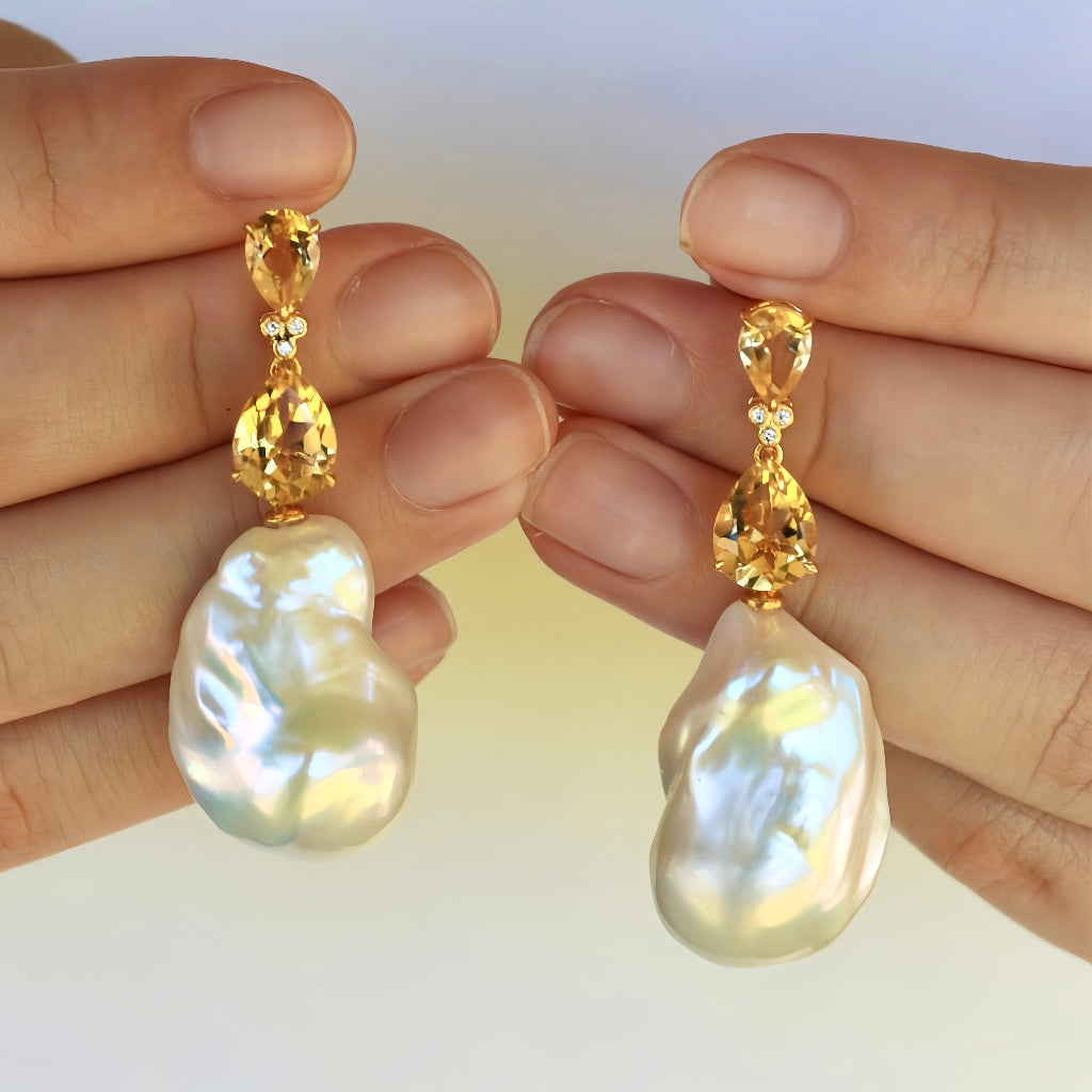 Divina Pear Citrine Diamond Baroque Pearl Convertible Drop Earrings