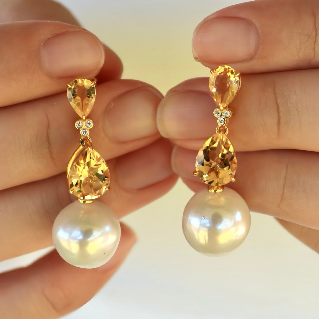 Divina Pear Citrine Diamond Pearl Convertible Drop Earrings