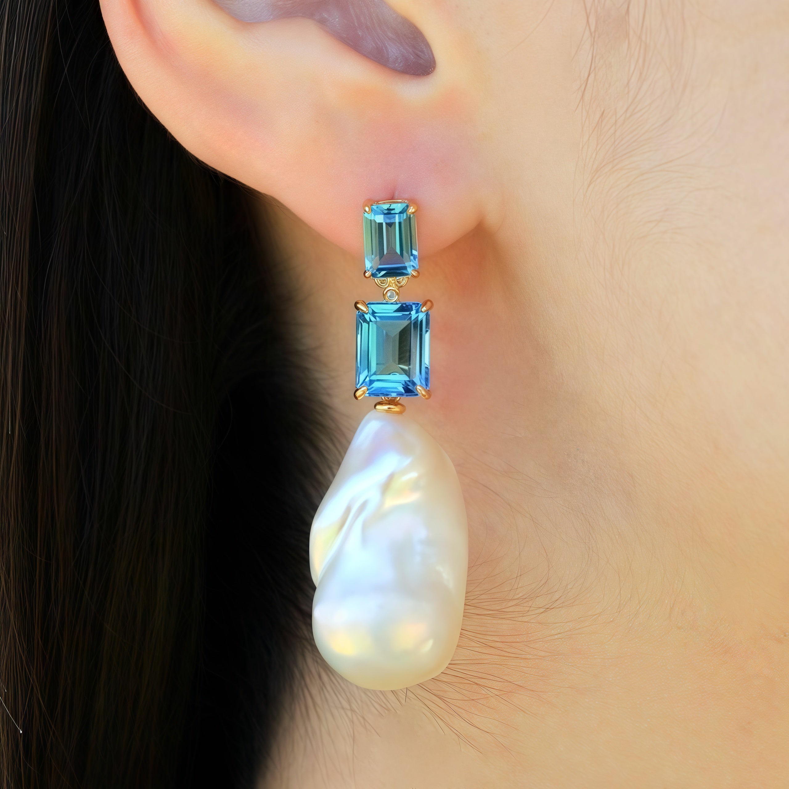 Divina Emerald-Cut Topaz Diamond Baroque Pearl Convertible Drop Earrings