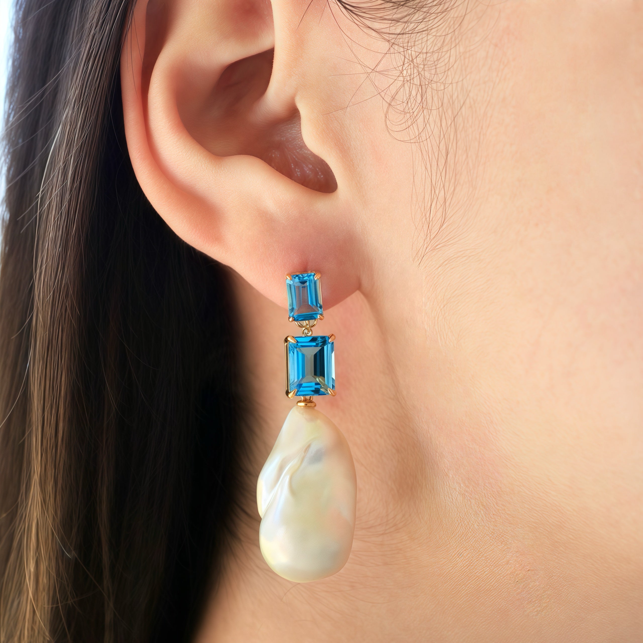 Divina Emerald-Cut Topaz Diamond Baroque Pearl Convertible Drop Earrings