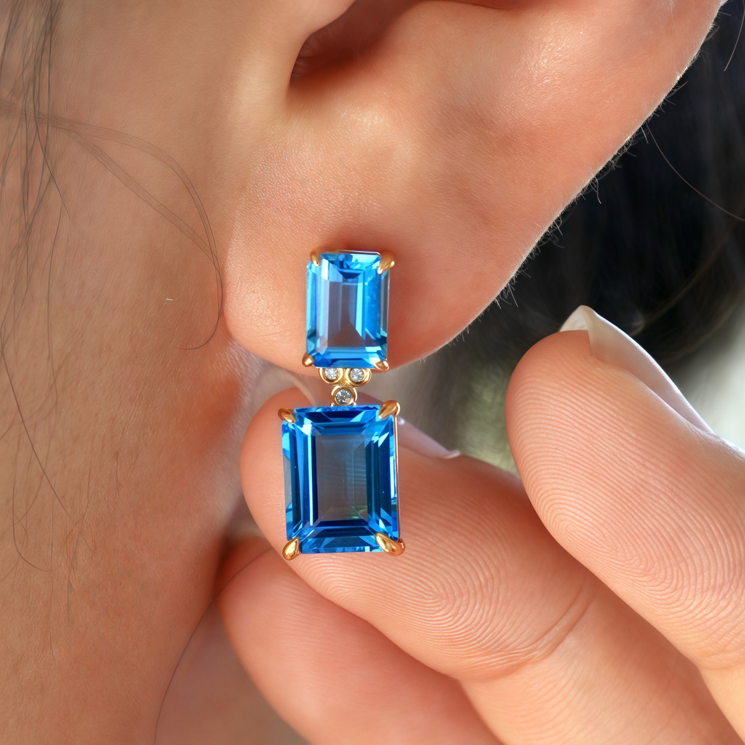 Divina Emerald-Cut Topaz Diamond Drop Earrings