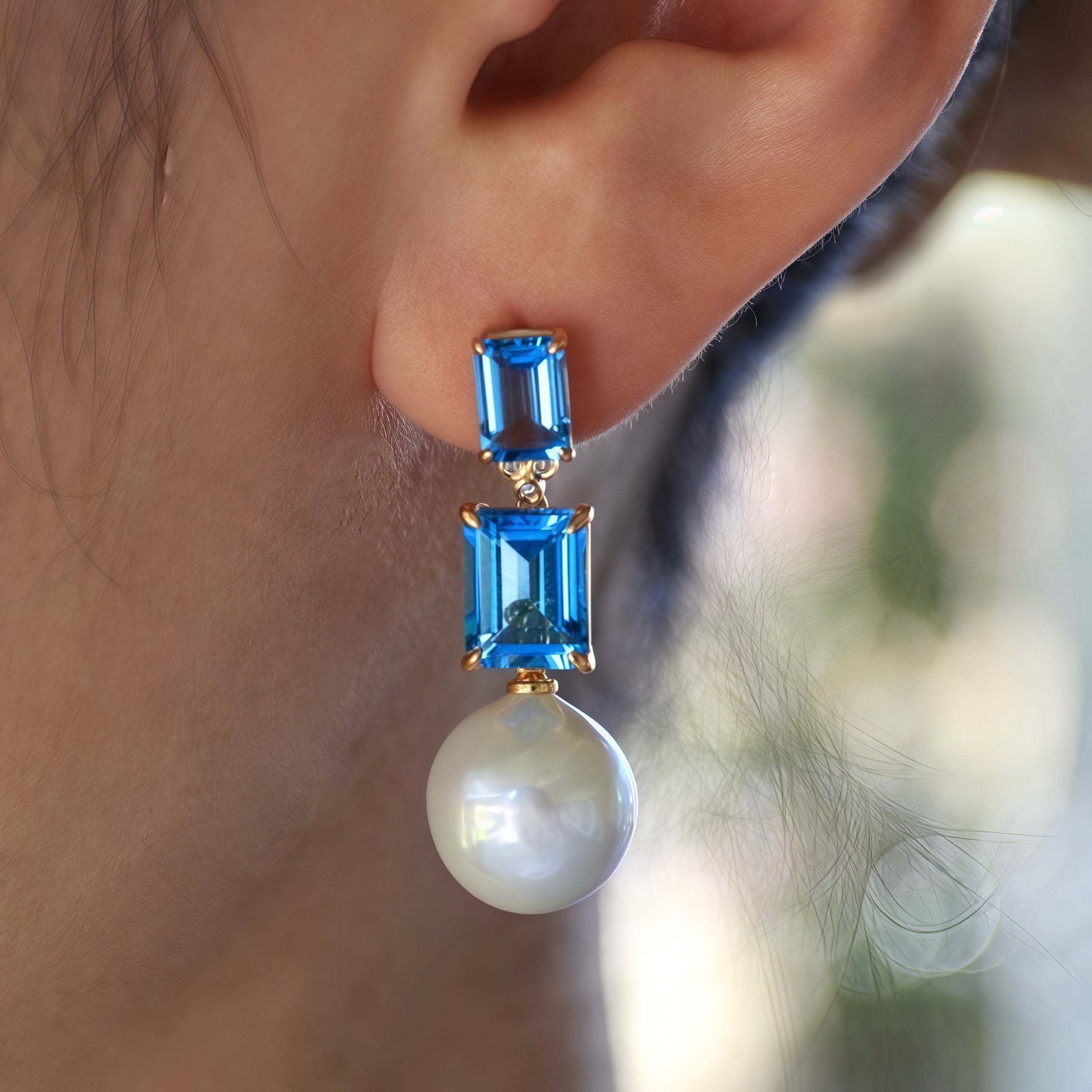 Divina Emerald-Cut Topaz Diamond Pearl Convertible Drop Earrings