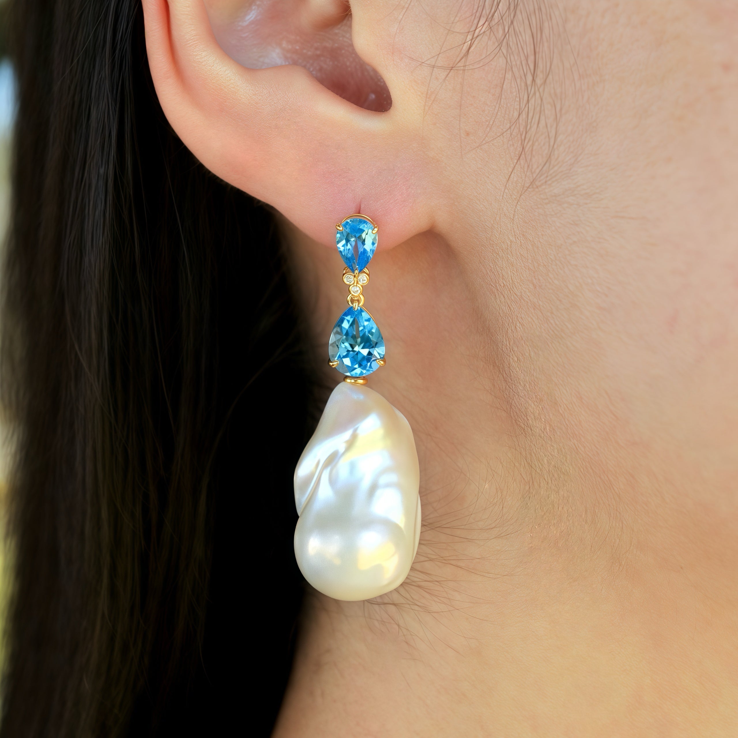 Divina Pear Topaz Diamond Baroque Pearl Convertible Drop Earrings