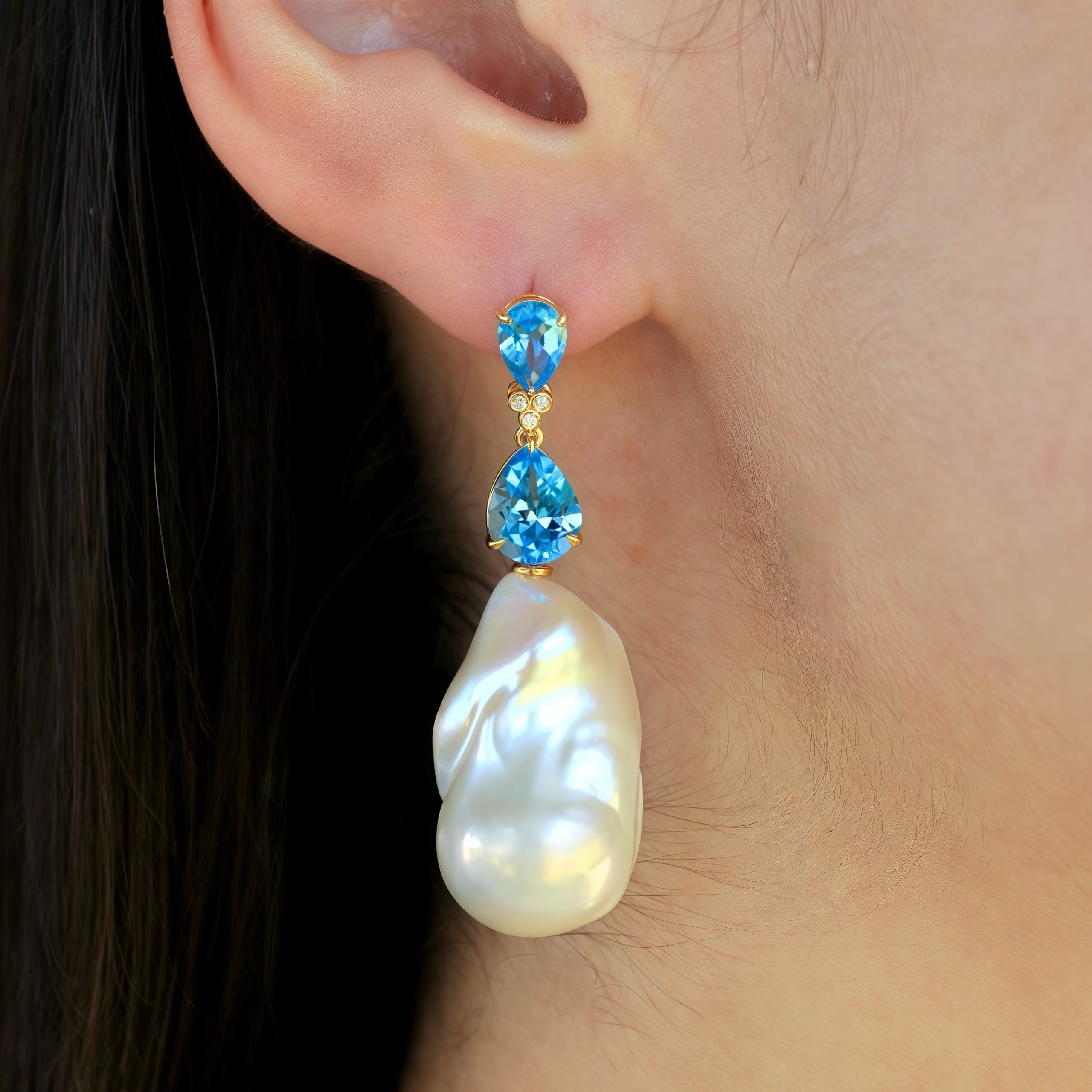 Divina Pear Topaz Diamond Baroque Pearl Convertible Drop Earrings