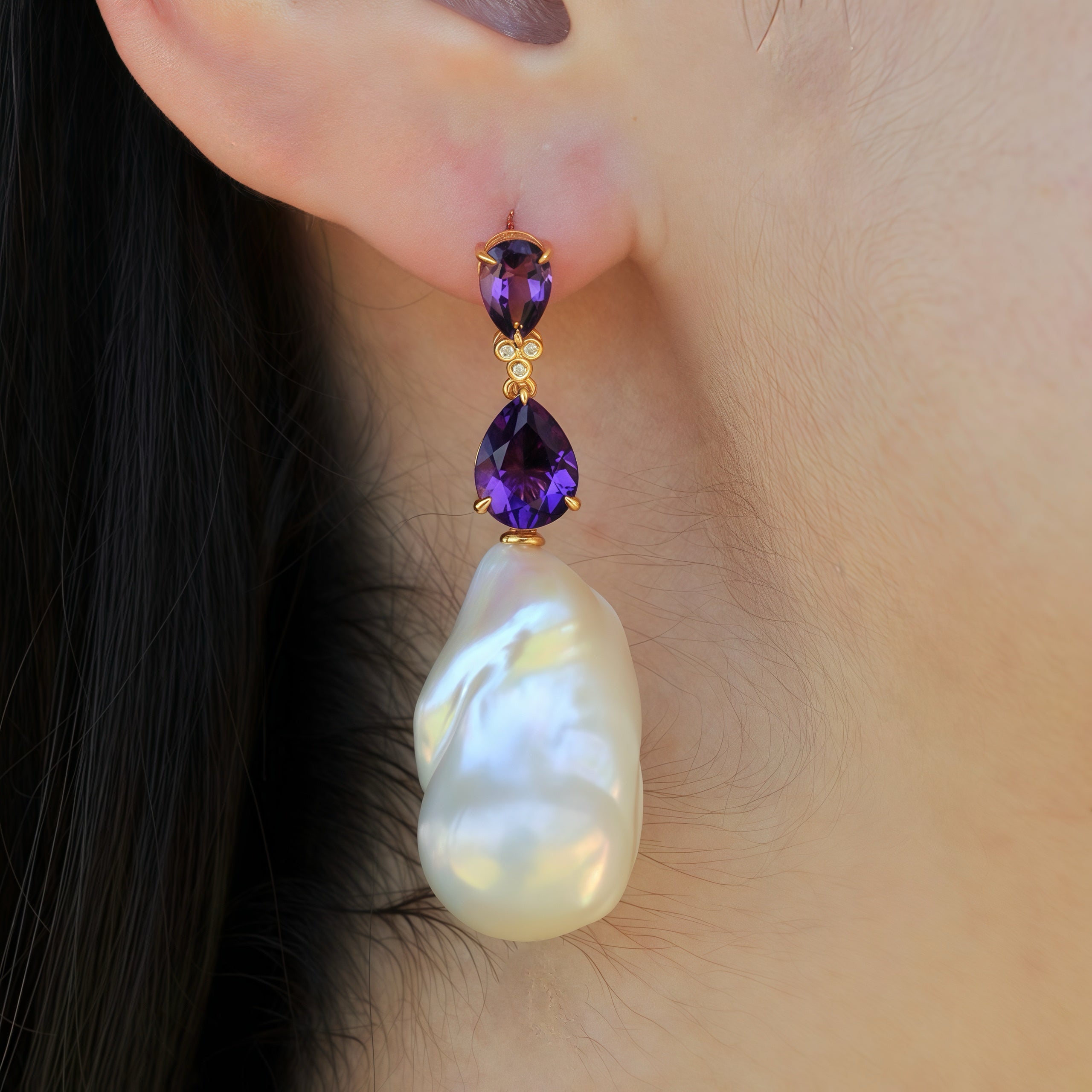 Divina Pear Amethyst Diamond Baroque Pearl Convertible Drop Earrings