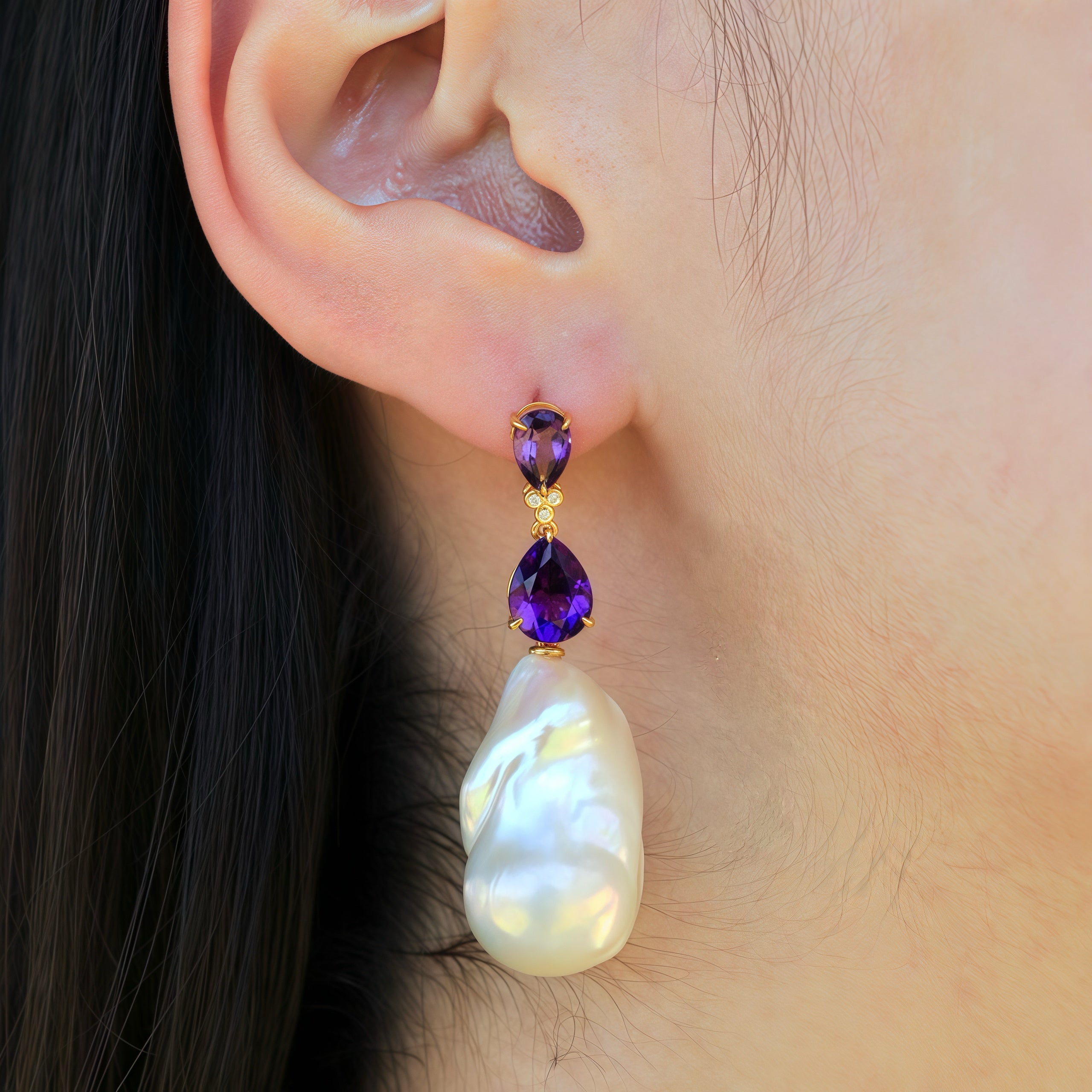 Divina Pear Amethyst Diamond Baroque Pearl Convertible Drop Earrings