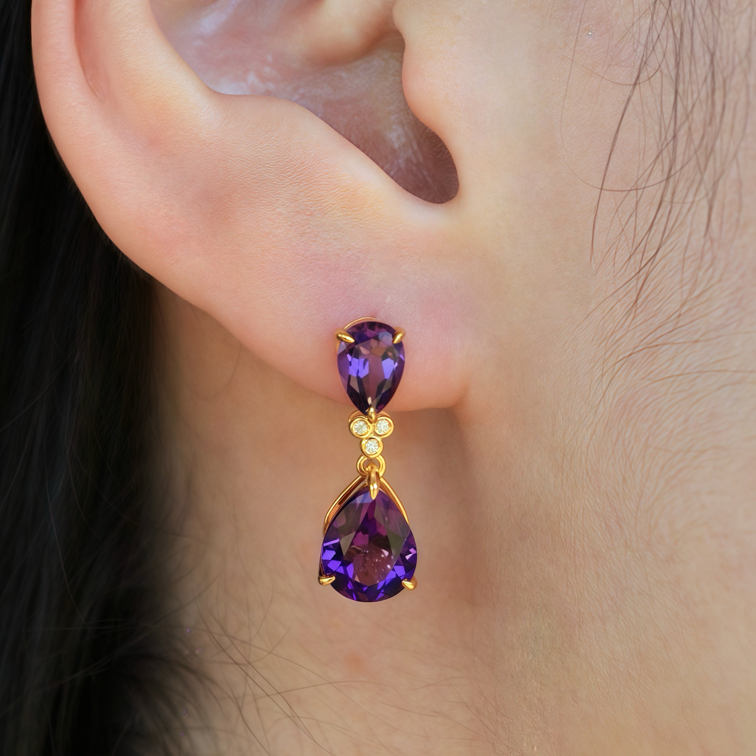 Divina Pear Amethyst Diamond Drop Earrings