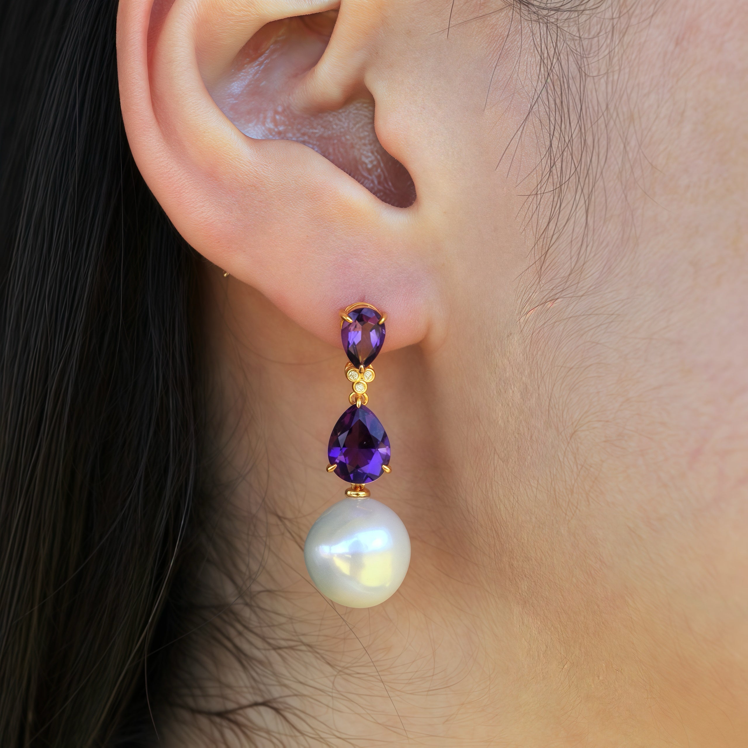Divina Pear Amethyst Diamond Pearl Convertible Drop Earrings