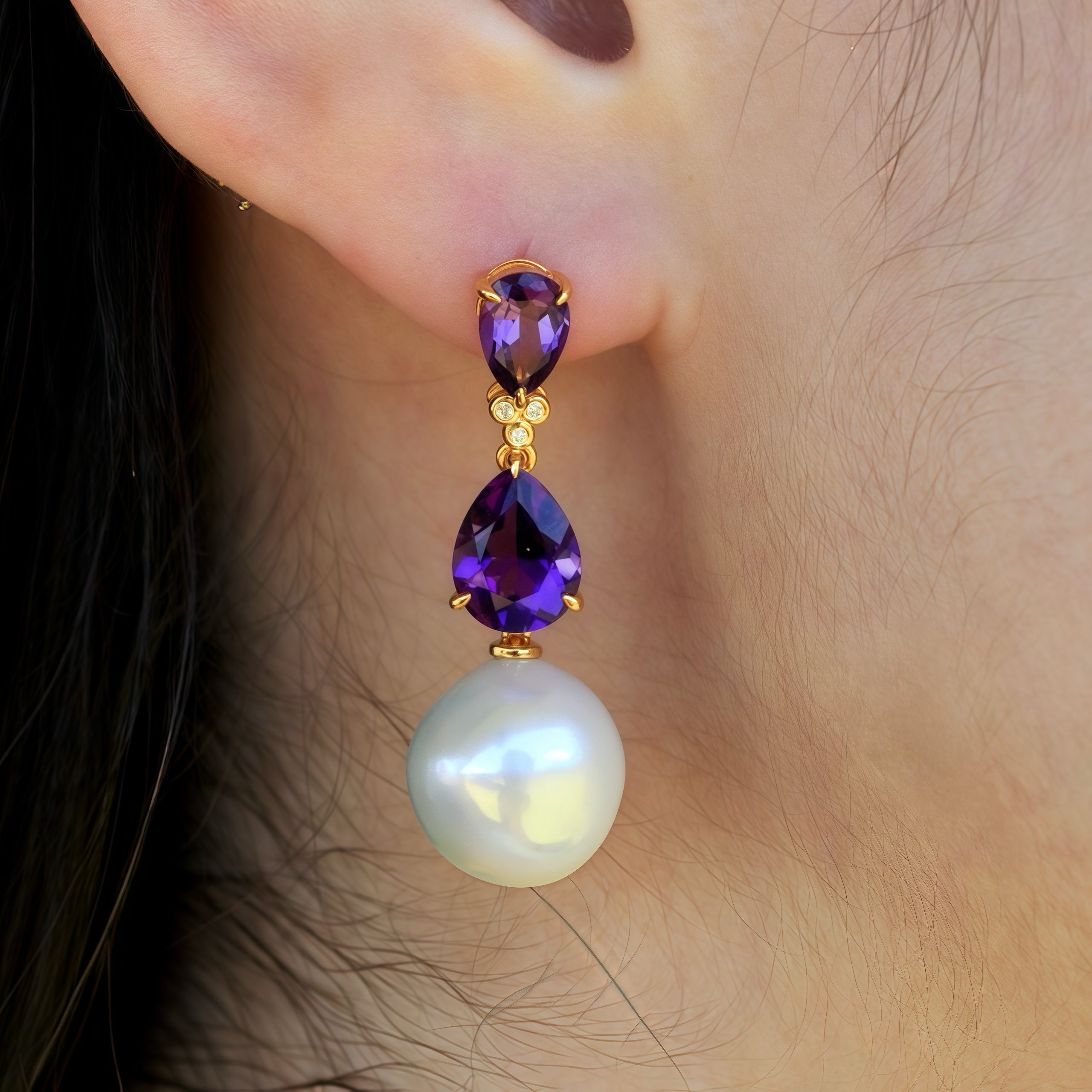 Divina Pear Amethyst Diamond Pearl Convertible Drop Earrings