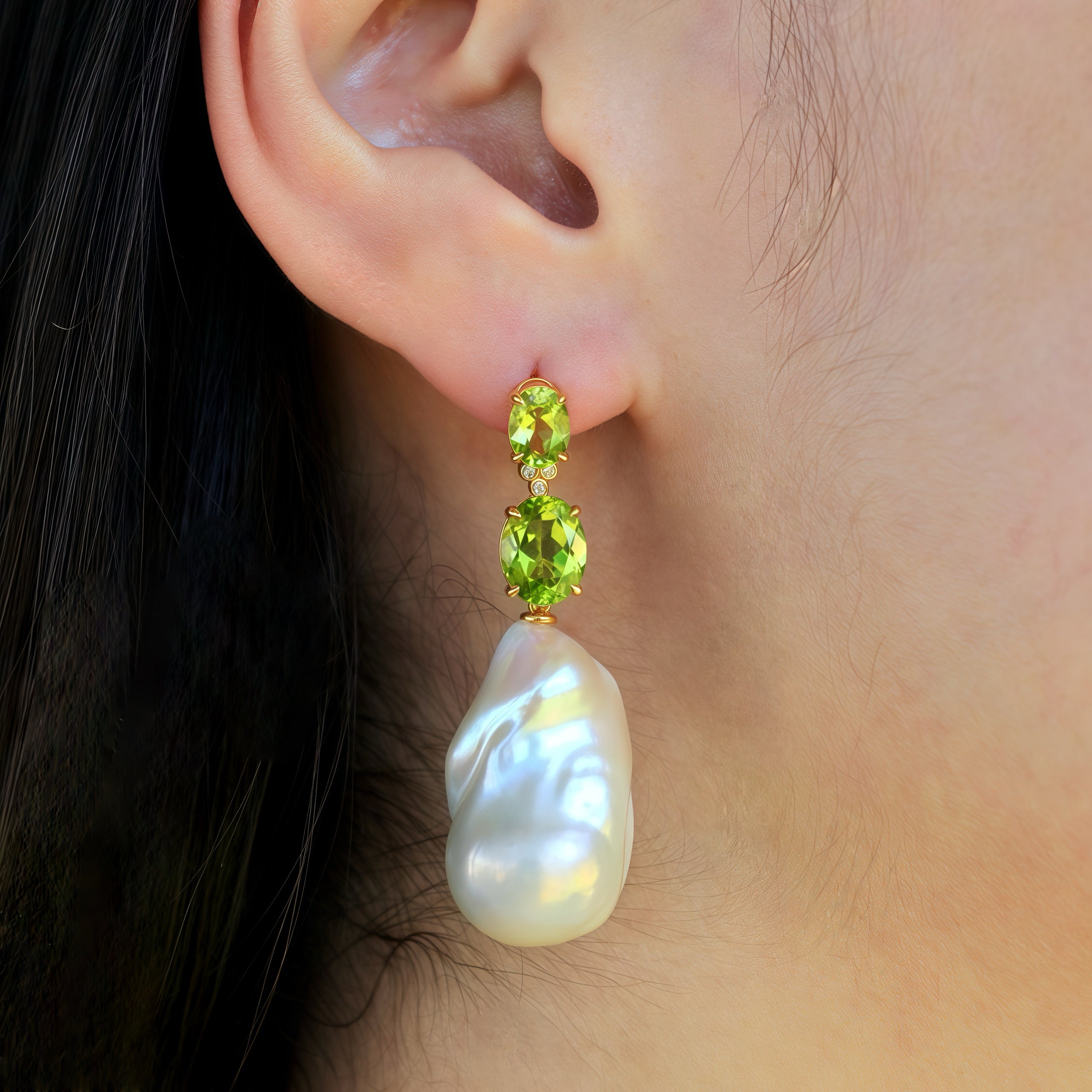 Divina Oval Peridot Diamond Baroque Pearl Convertible Drop Earrings