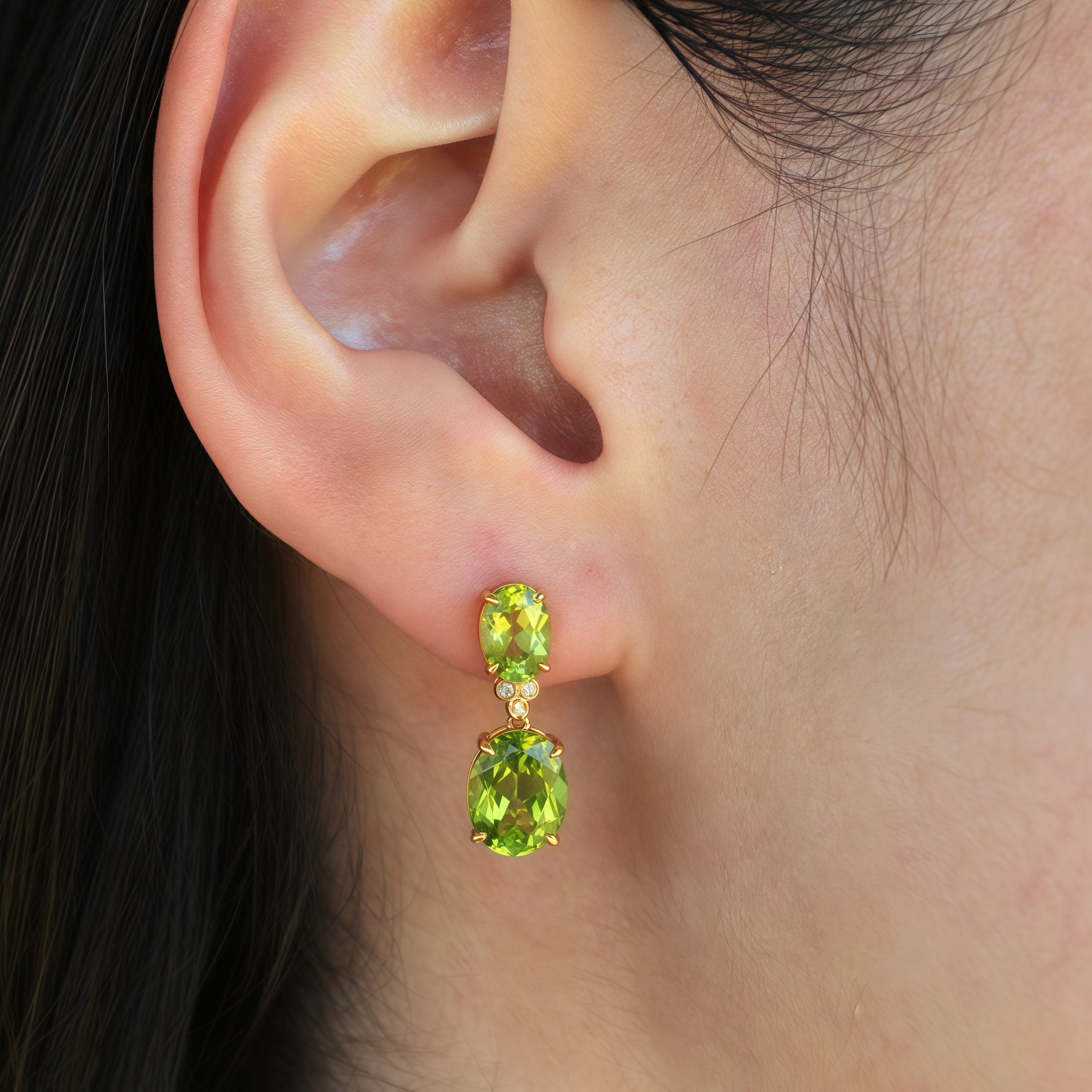 Divina Oval Peridot Diamond Drop Earrings 14k yellow gold
