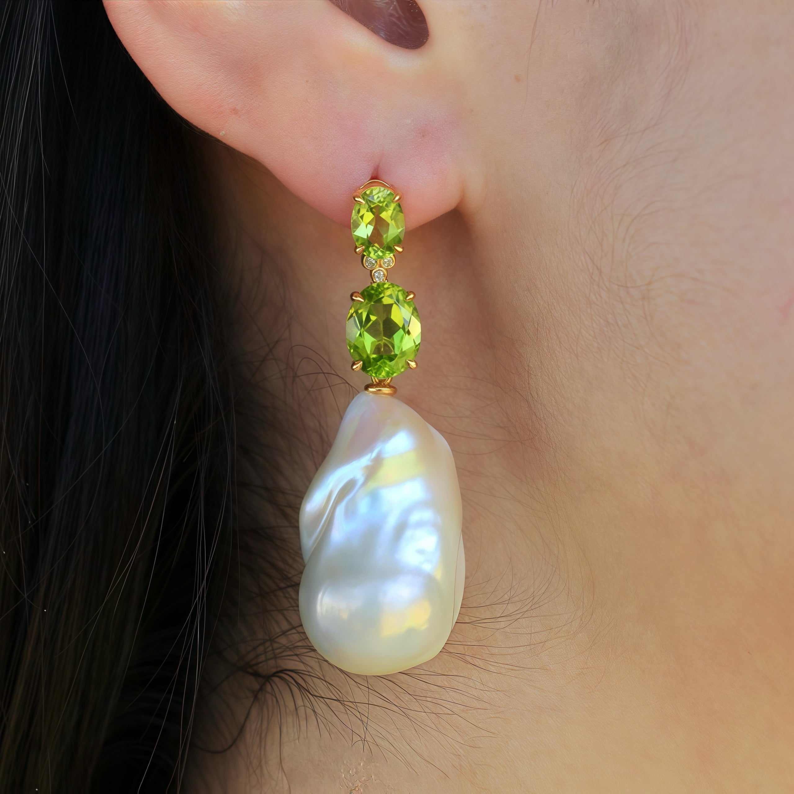 Divina Oval Peridot Diamond Baroque Pearl Convertible Drop Earrings