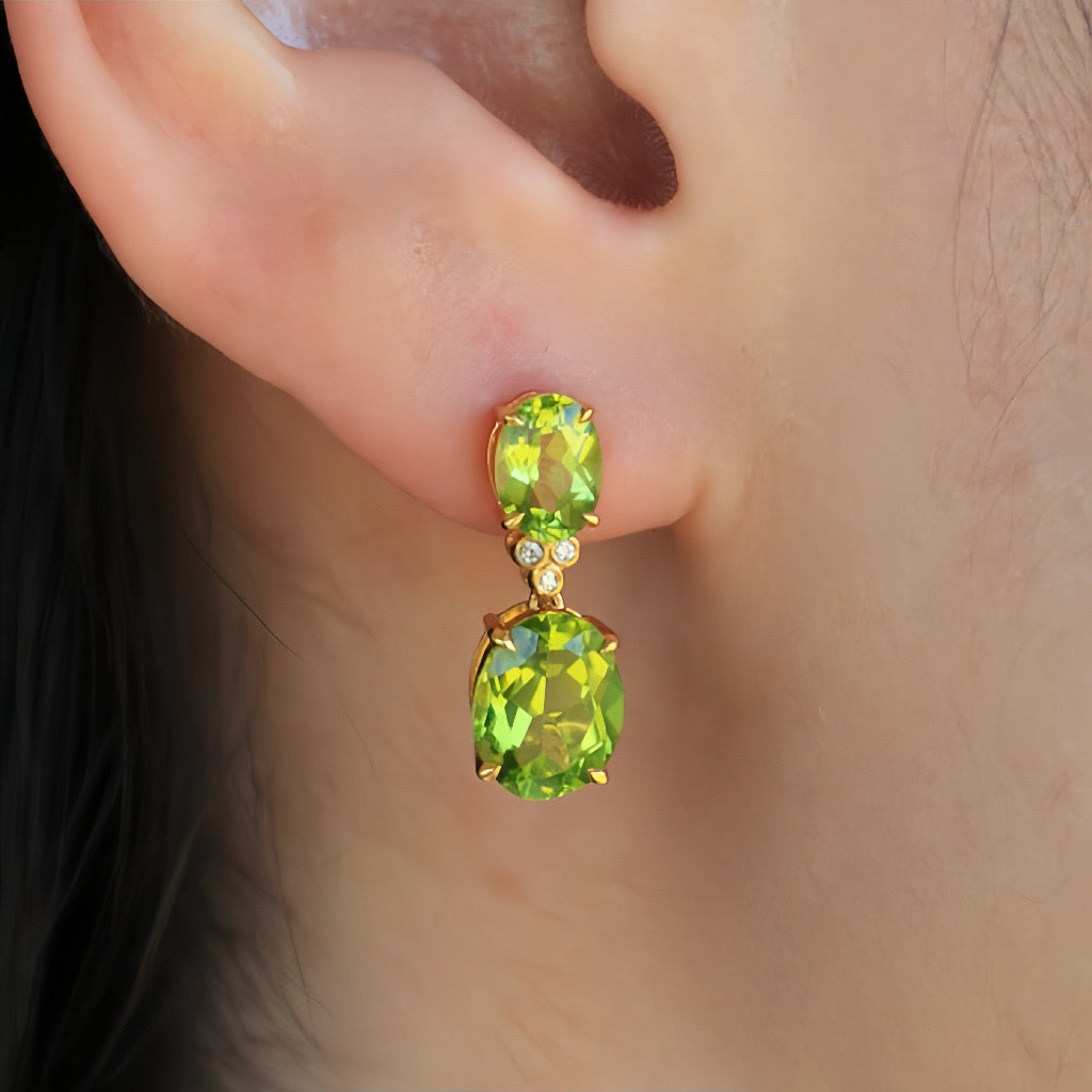 Divina Oval Peridot Diamond Drop Earrings 14k yellow gold