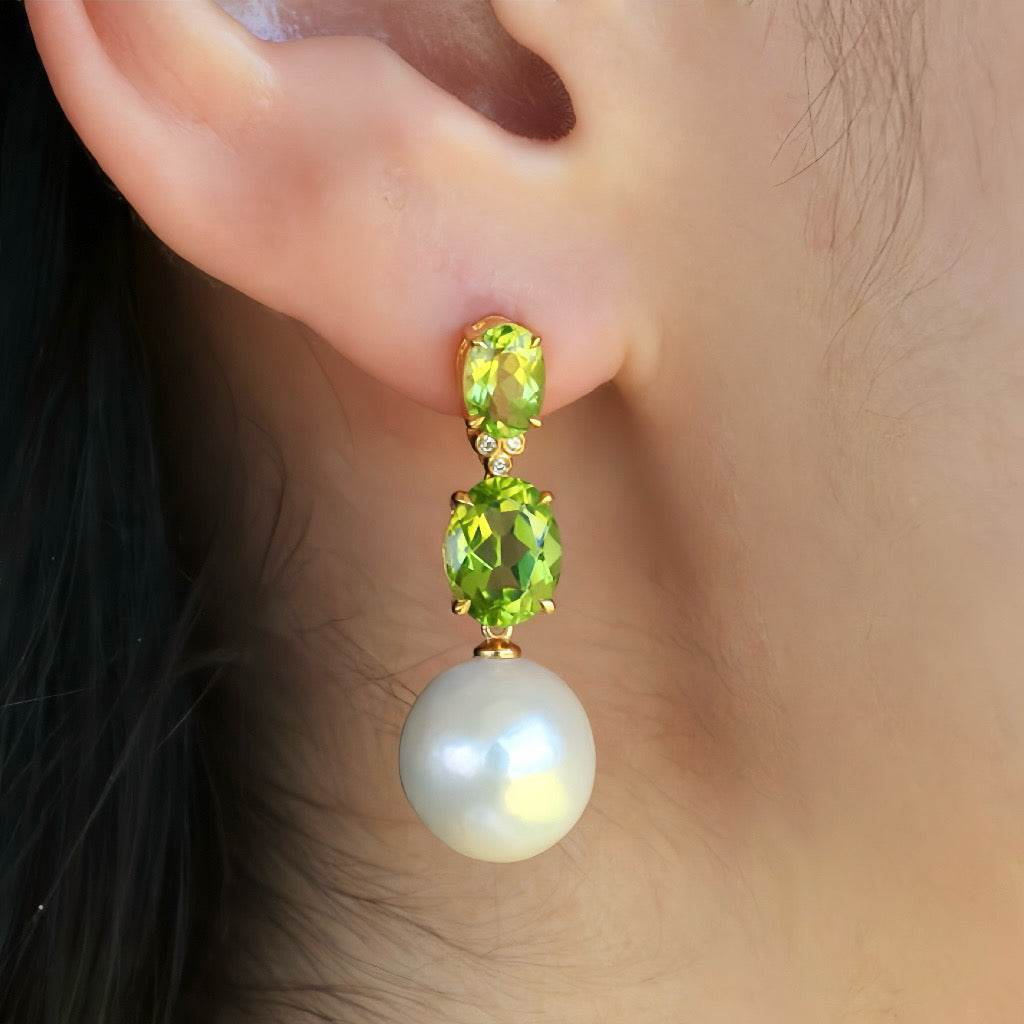 Divina Oval Peridot Diamond Pearl Convertible Drop Earrings
