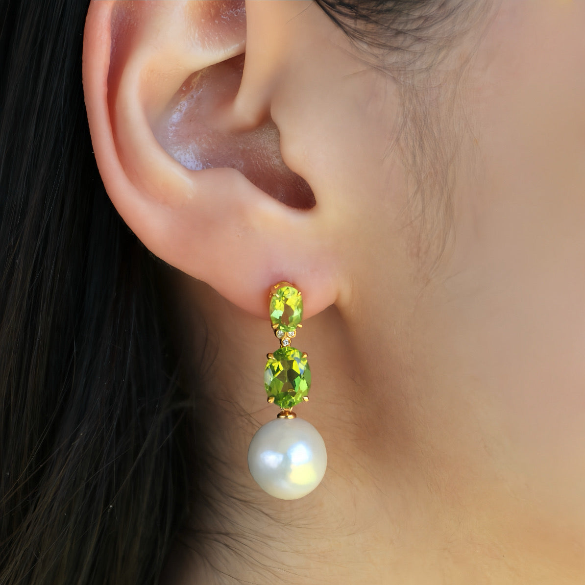 Divina Oval Peridot Diamond Pearl Convertible Drop Earrings